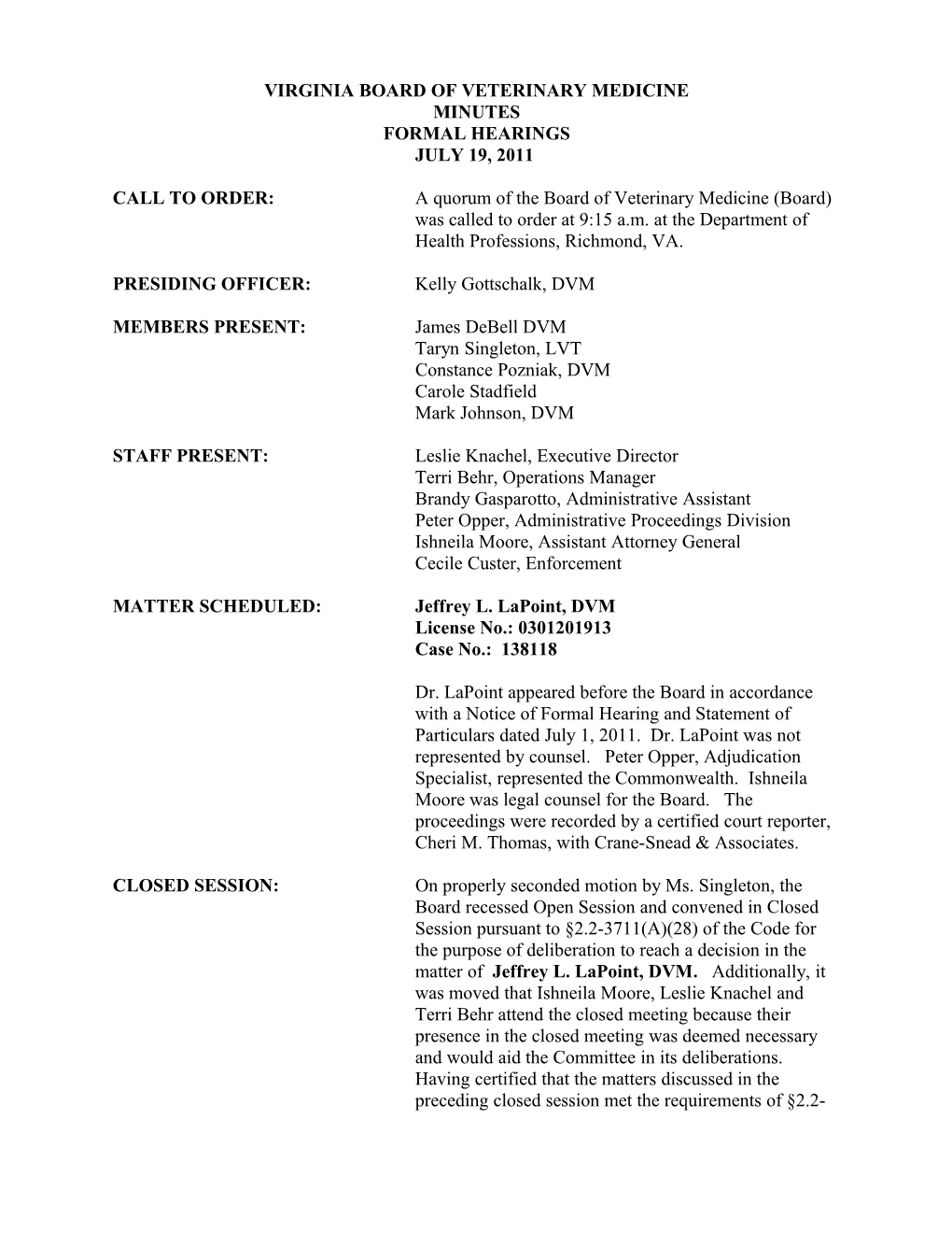 Board of Veterinary Medicine Minutes 7-19-2011