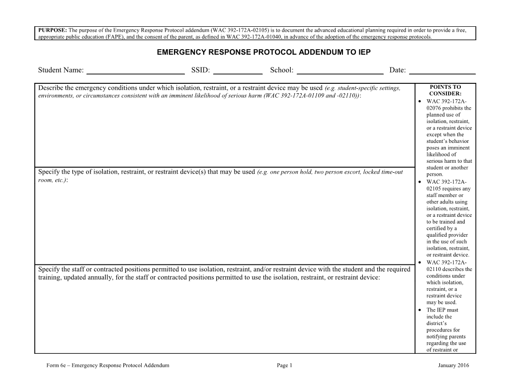 Emergency Response Protocol Addendum to IEP