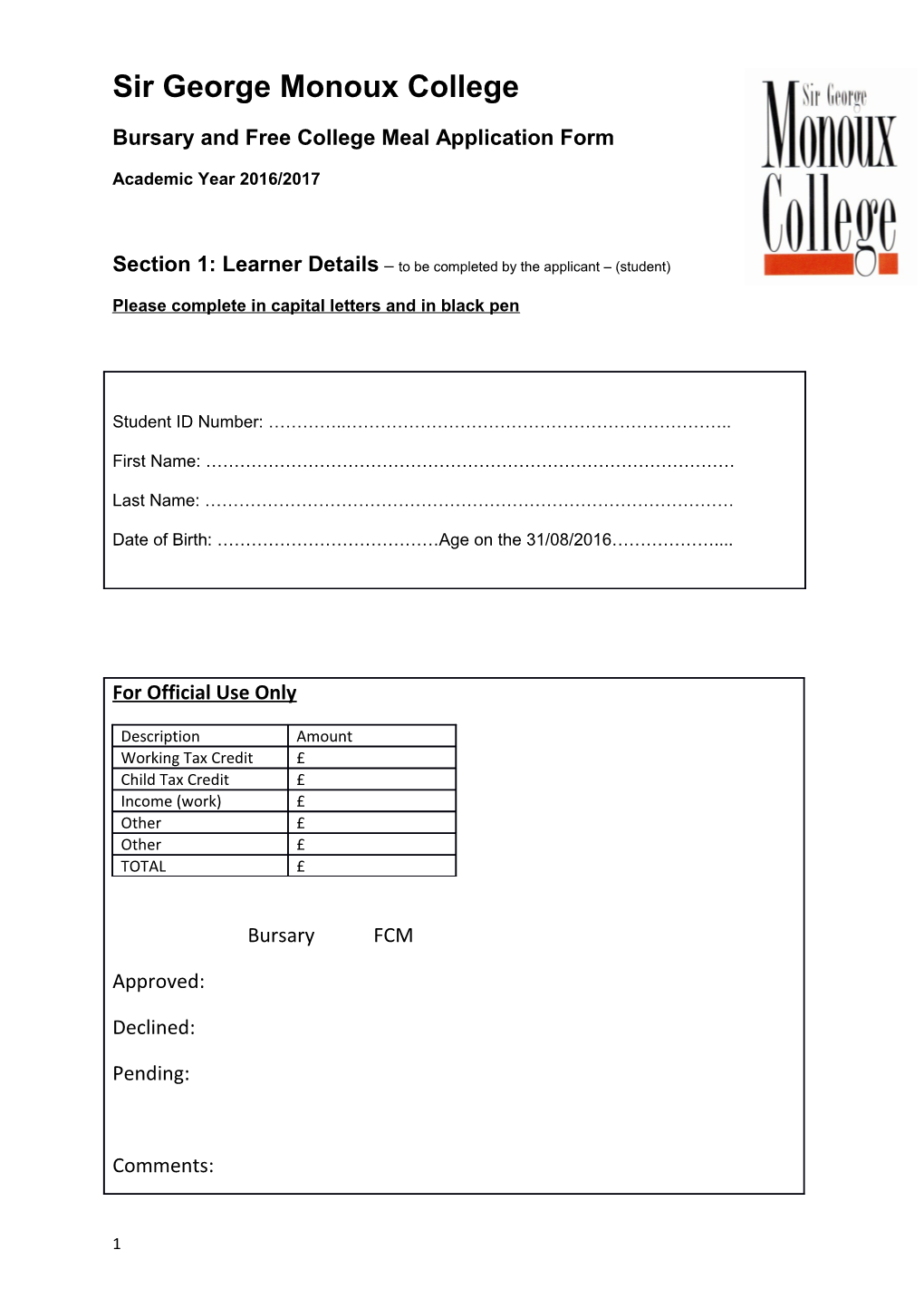 Bursary and Free College Meal Application Form