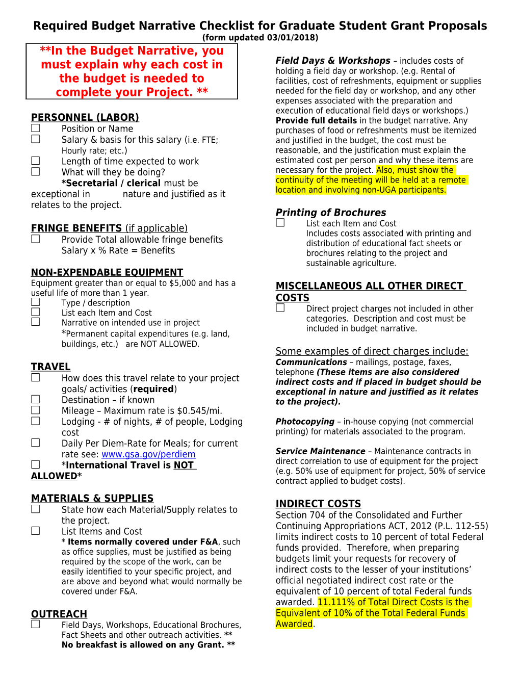 Required Budget Narrative Checklist for Graduate Student Grant Proposals (Form Updated