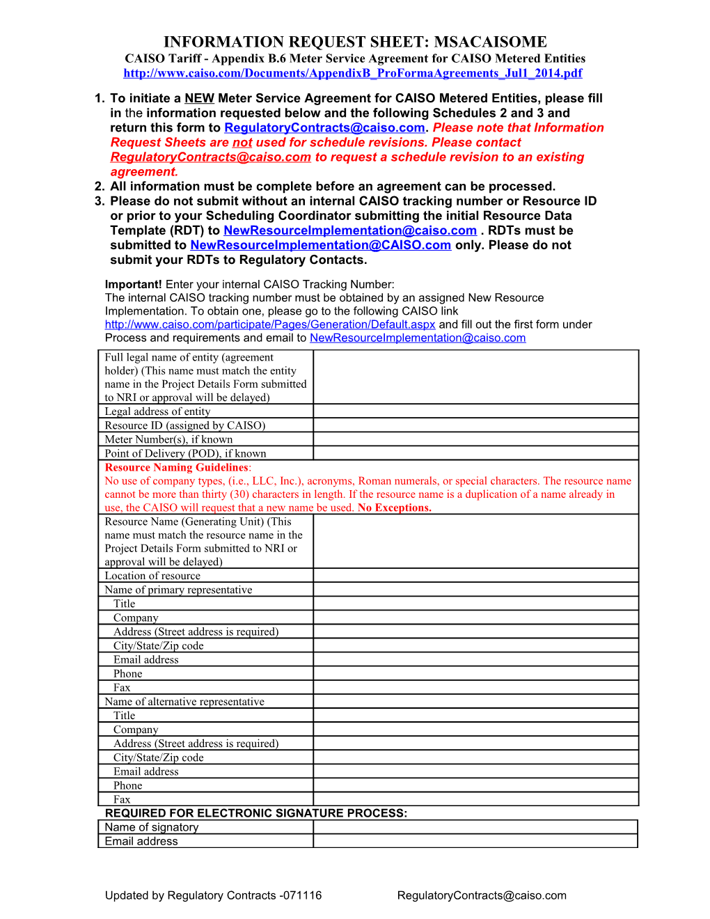 Meter Service Agreement For ISO Metered Entities Information Request Sheet