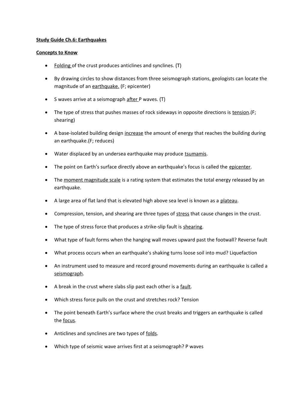 Study Guide Ch.6: Earthquakes