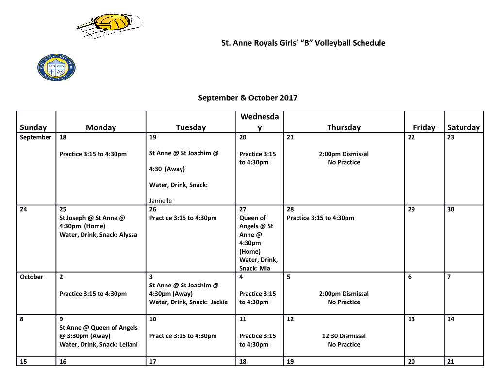 St. Anne Royals Girls B Volleyball Schedule September & October 2017