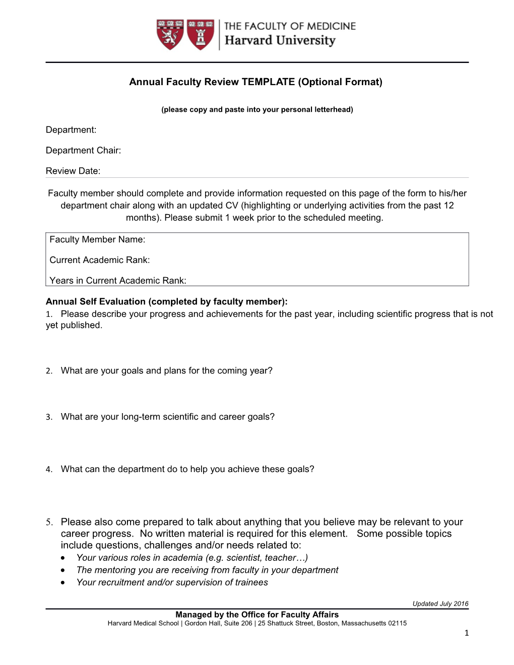 Annual Faculty Review TEMPLATE (Optional Format)