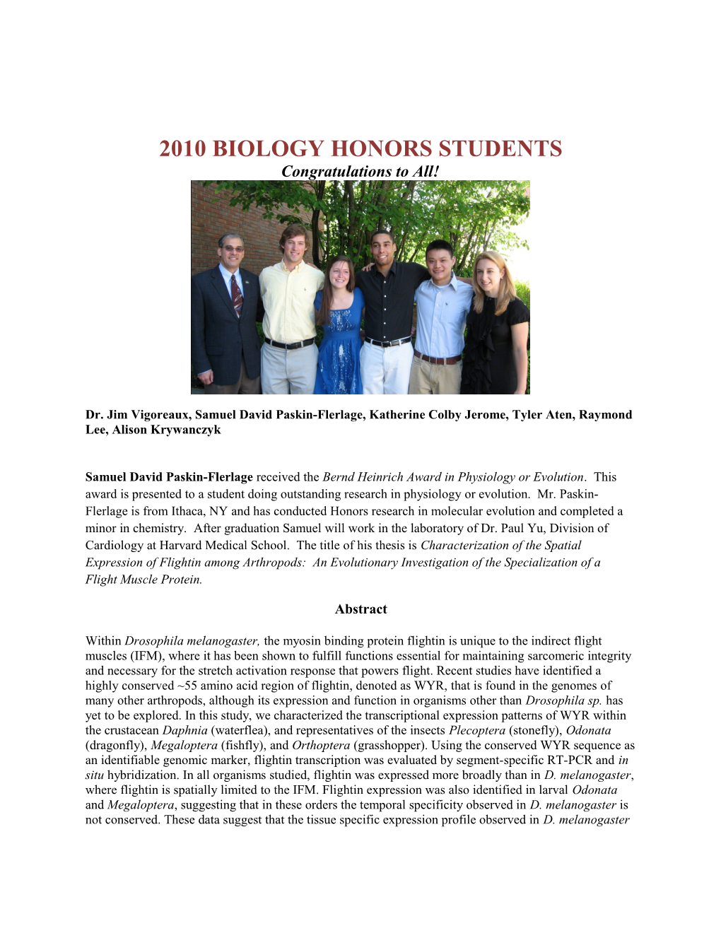 2010 Biology Honors Students