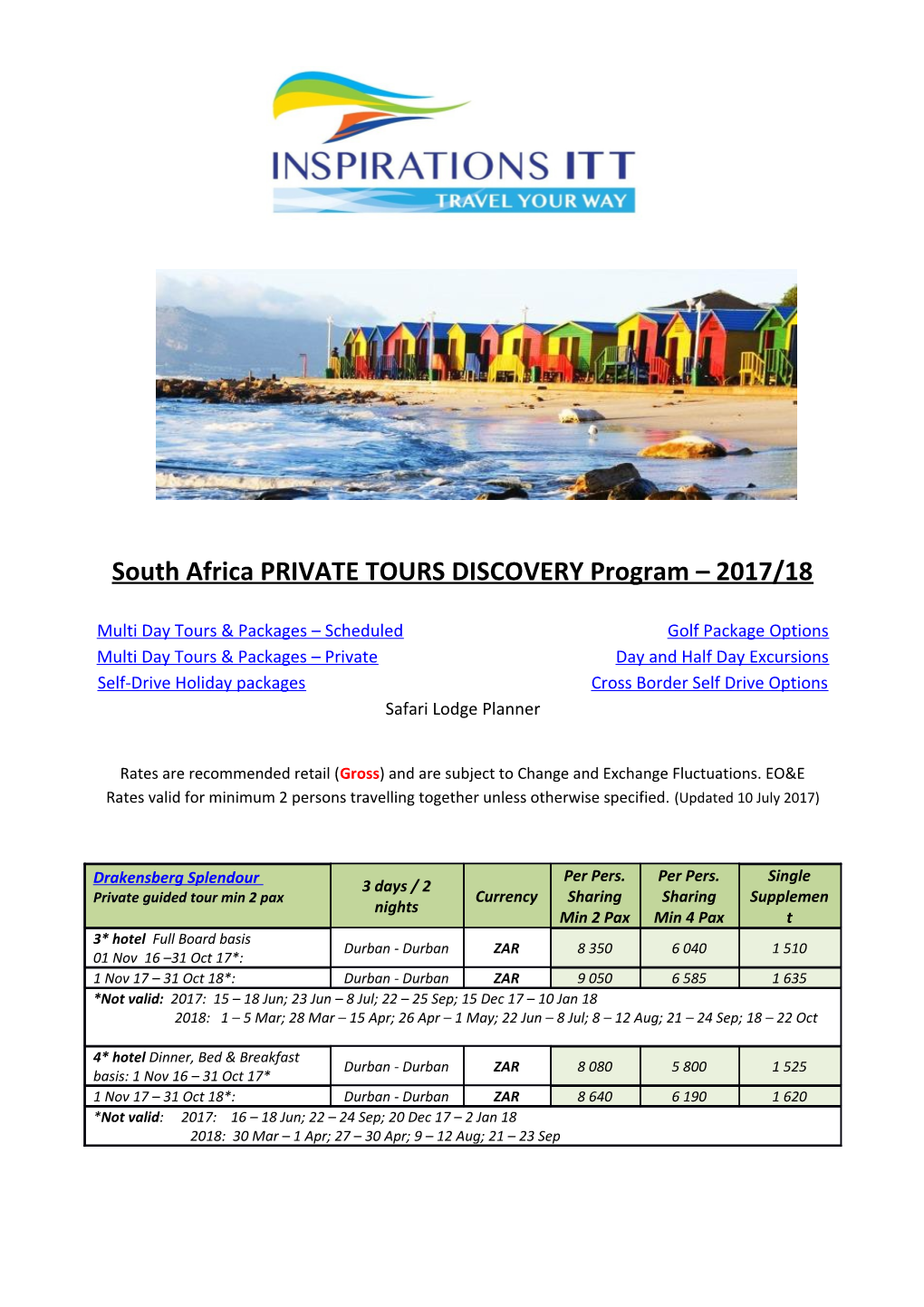 South Africa PRIVATE TOURS DISCOVERY Program 2017/18