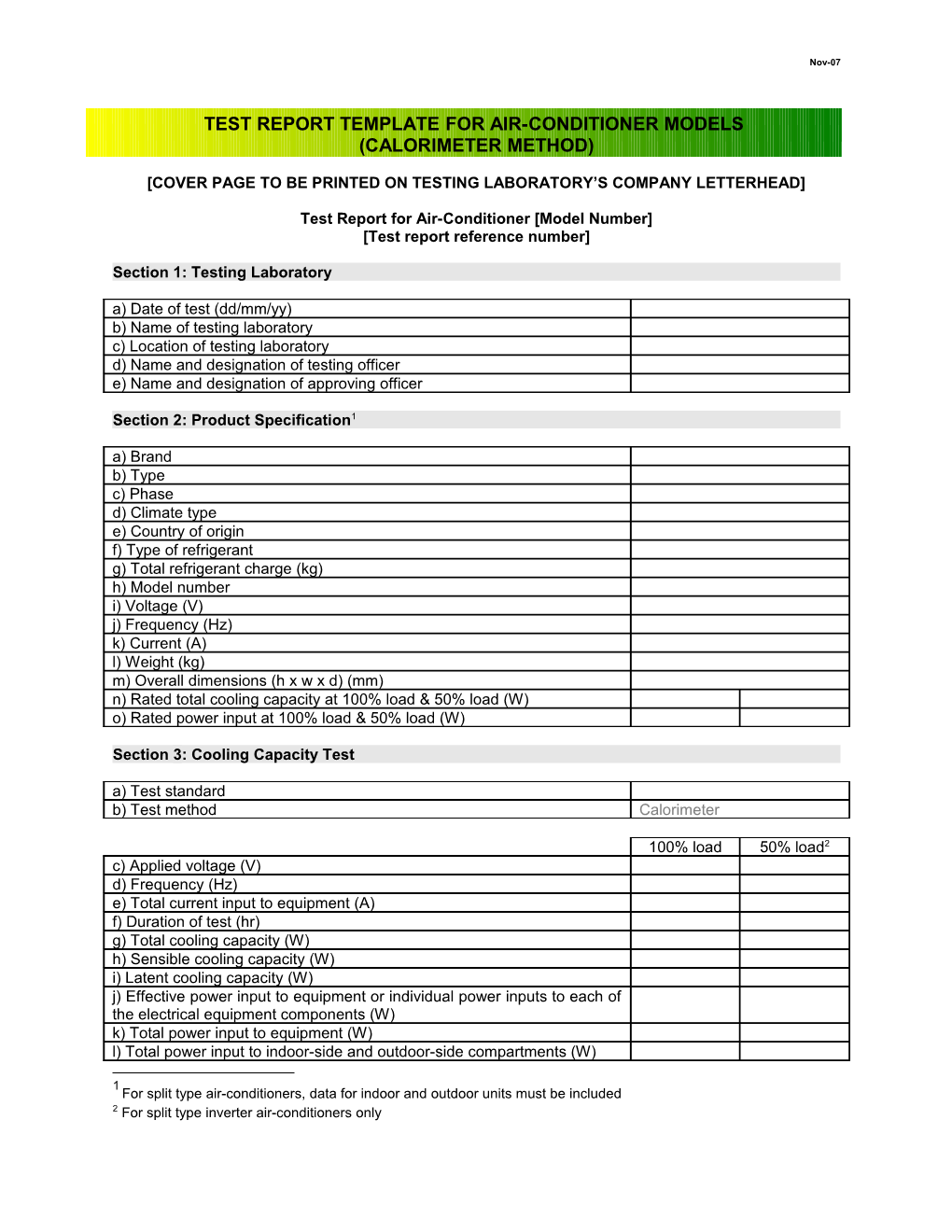 Appendix E Test Report Template for Air-Conditioner Models (Calorimeter Method)