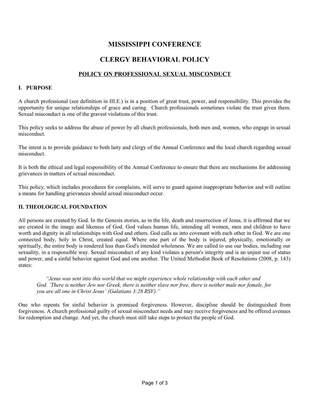 MS Conference Clergy Behavioral Policy Adopted 2005