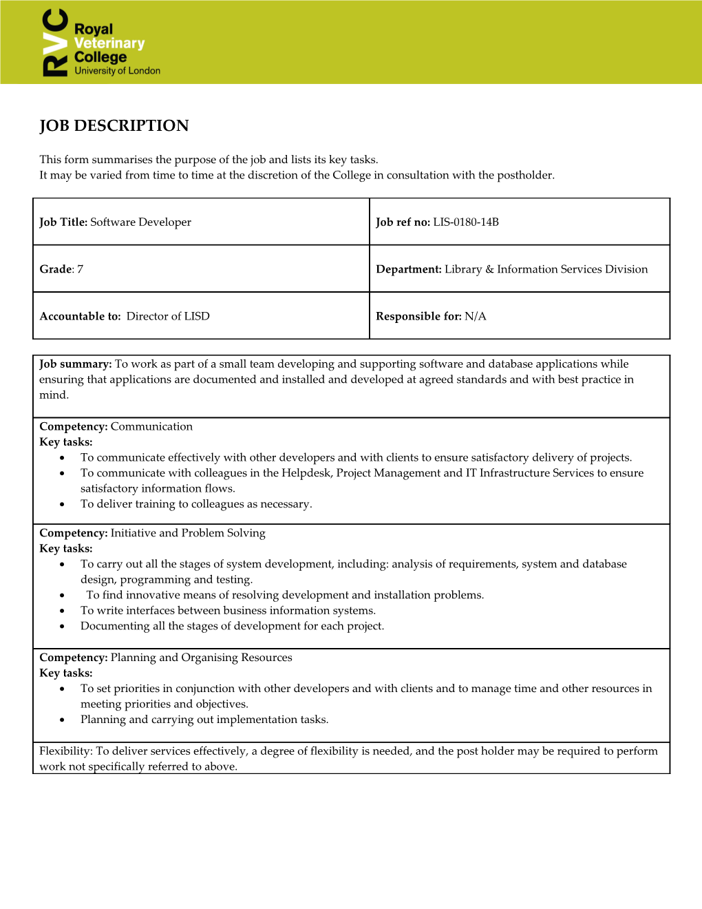 This Form Summarises the Purpose of the Job and Lists Its Key Tasks