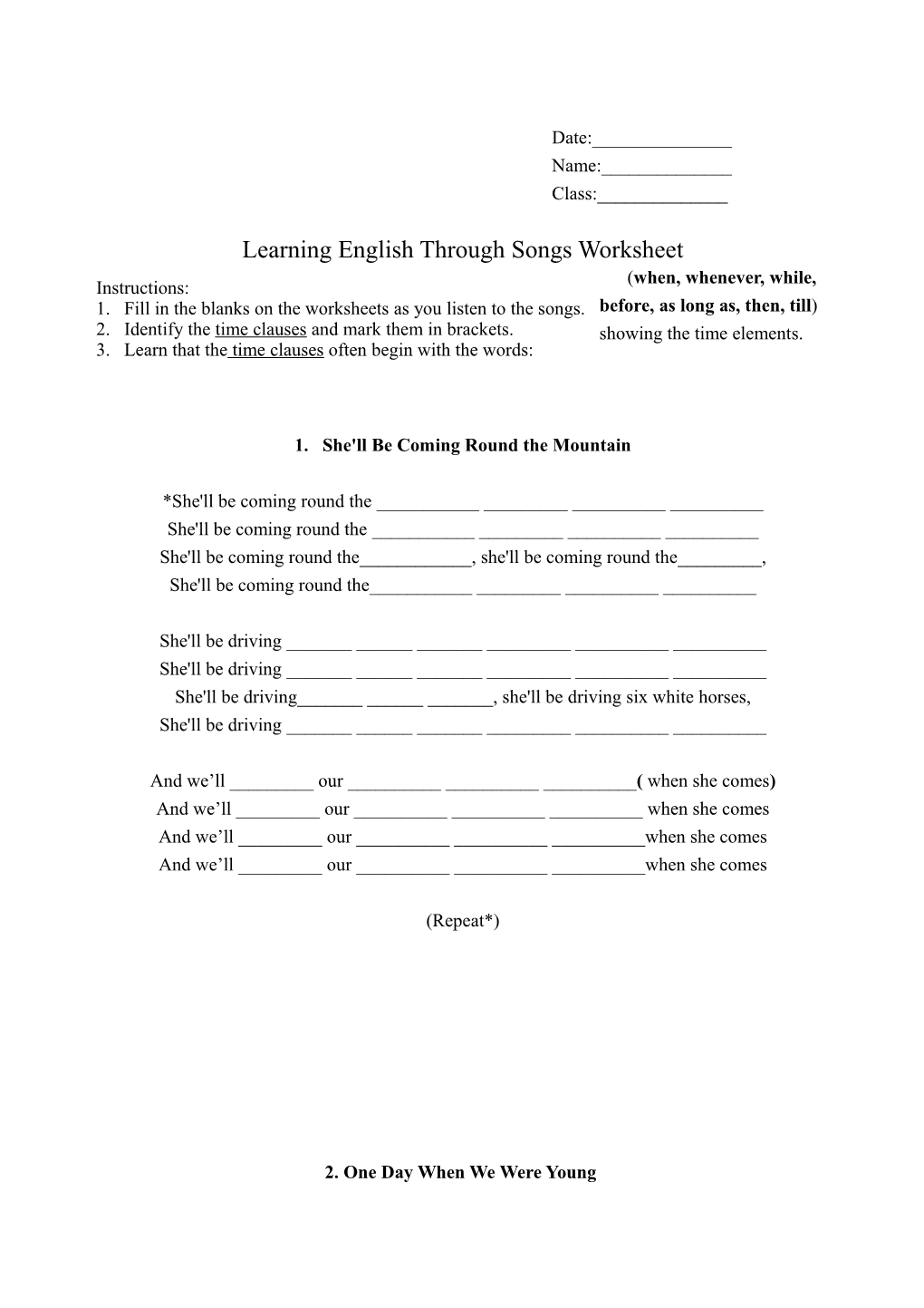 Learning English Through Songs Listen to the Song Worksheet