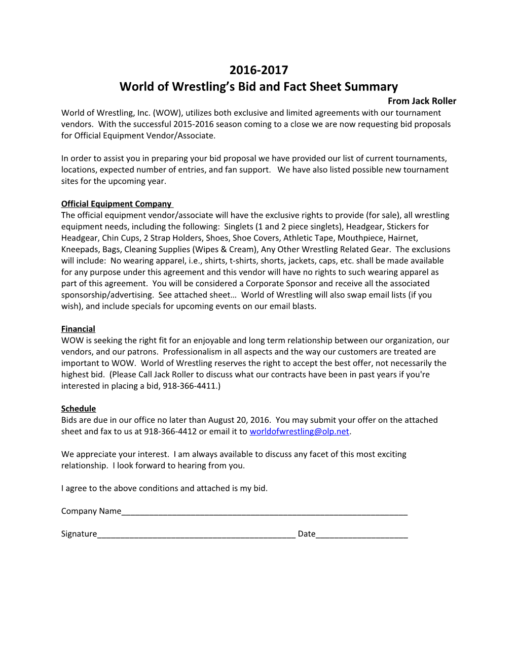 World of Wrestling S Bid and Fact Sheet Summary