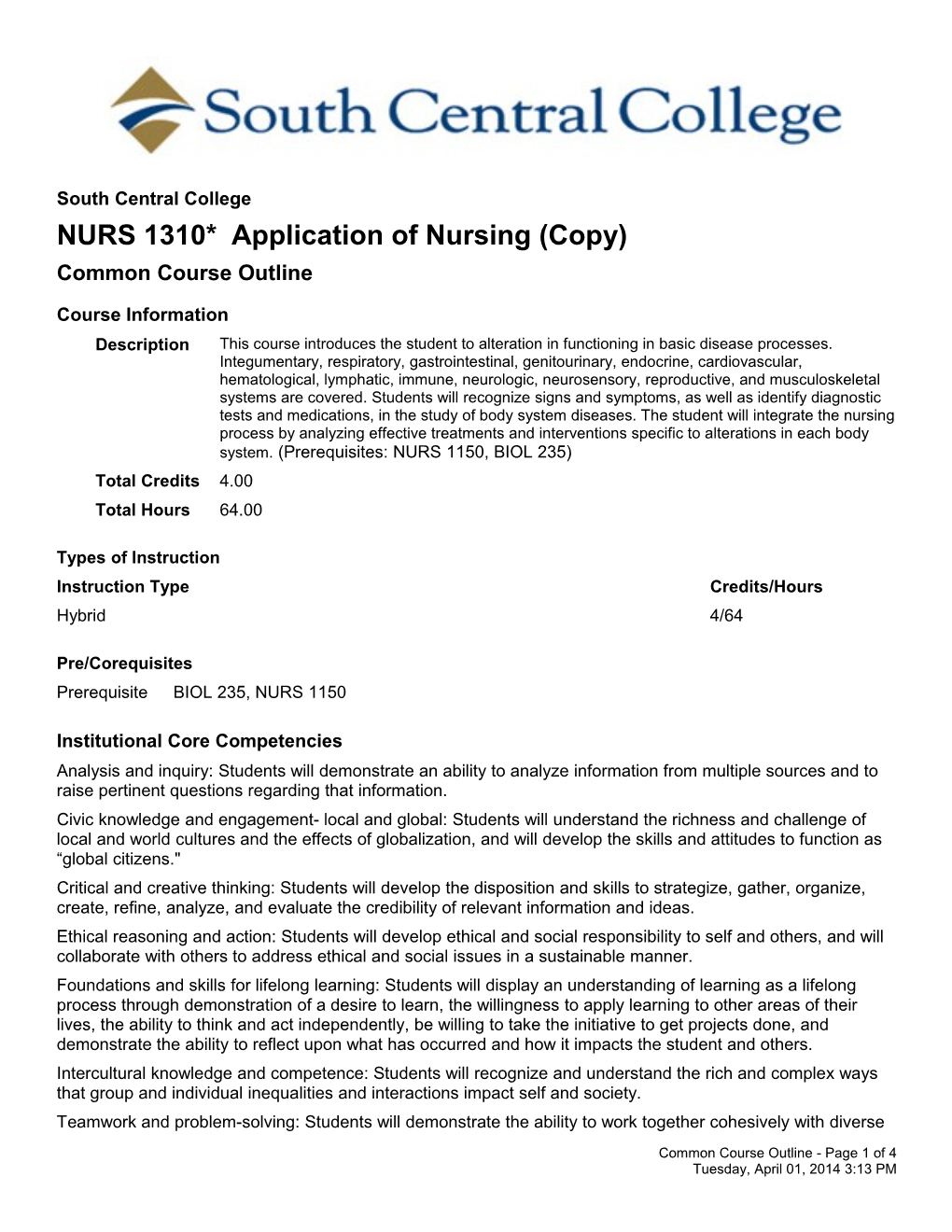 NURS 1310* Application of Nursing (Copy)