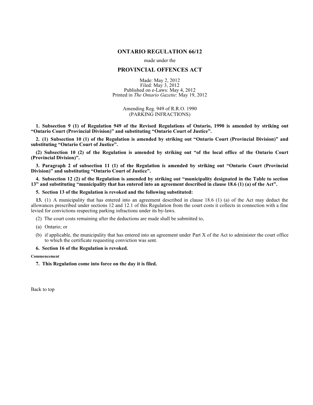 PROVINCIAL OFFENCES ACT - O. Reg. 66/12