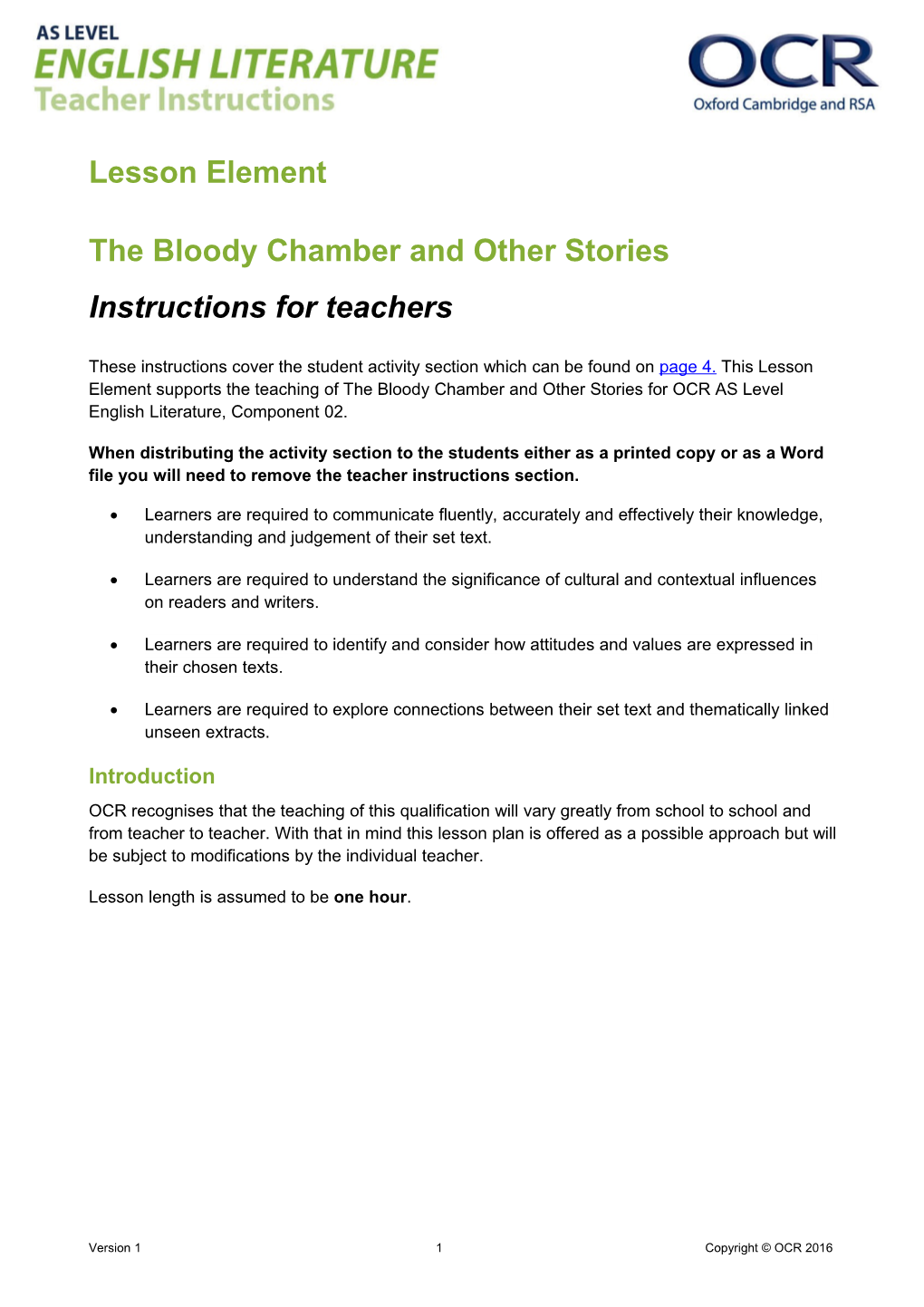 OCR AS Level English Literature Lesson Element - The Bloody Chamber And Other Stories