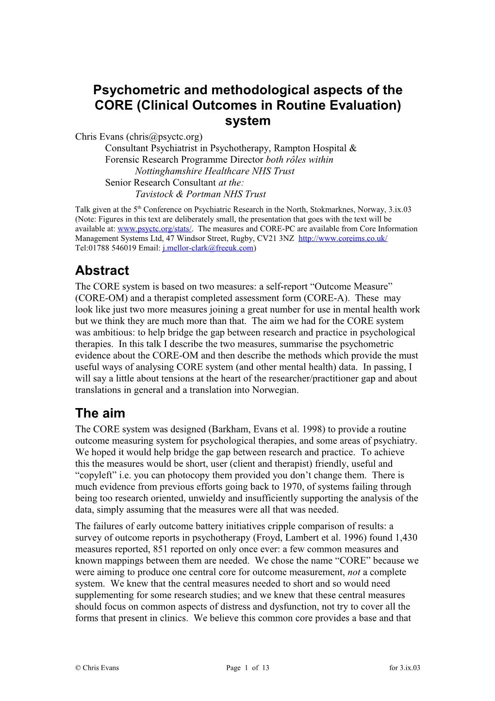 Psychometric and Methodological Aspects of the CORE (Clinical Outcomes in Routine Evaluation)