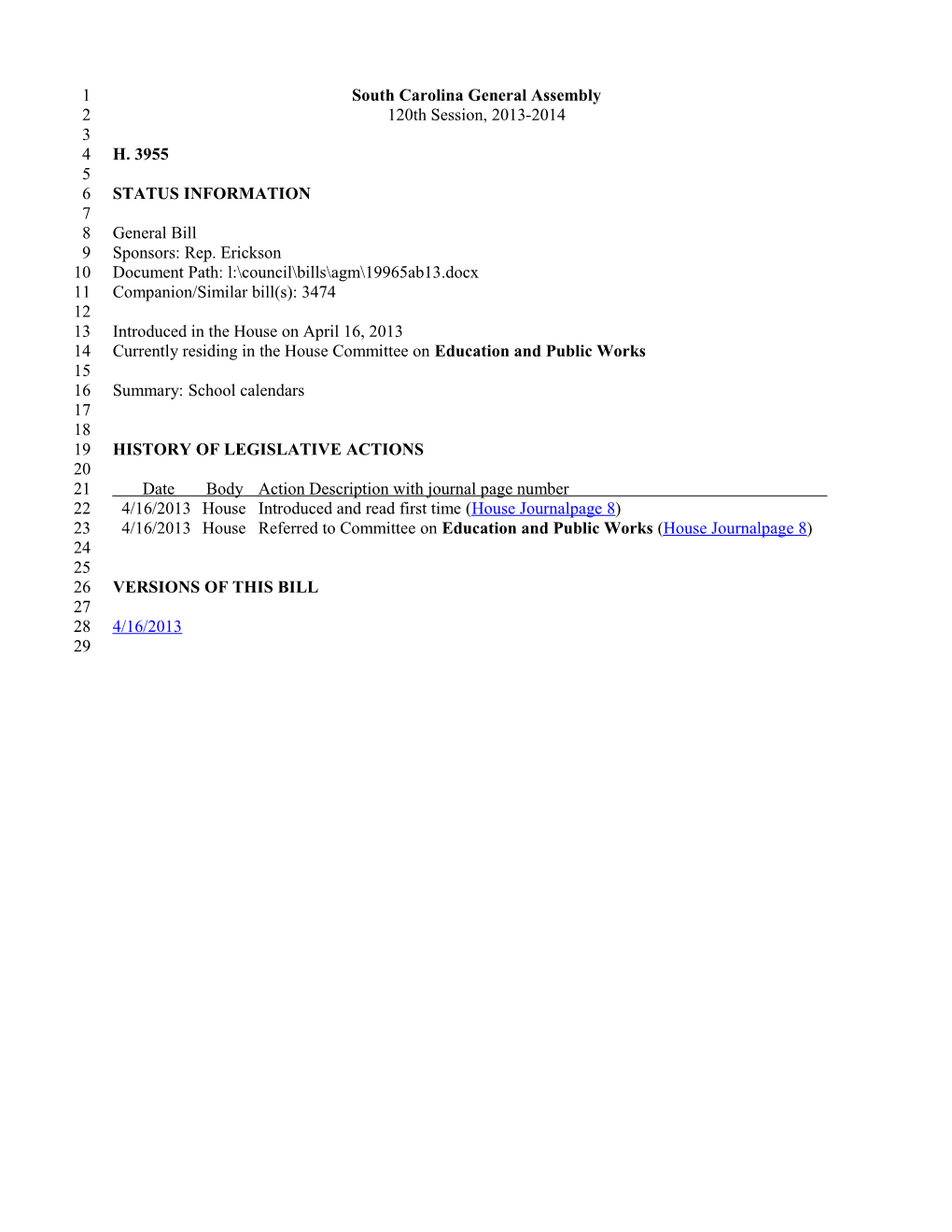 2013-2014 Bill 3955: School Calendars - South Carolina Legislature Online