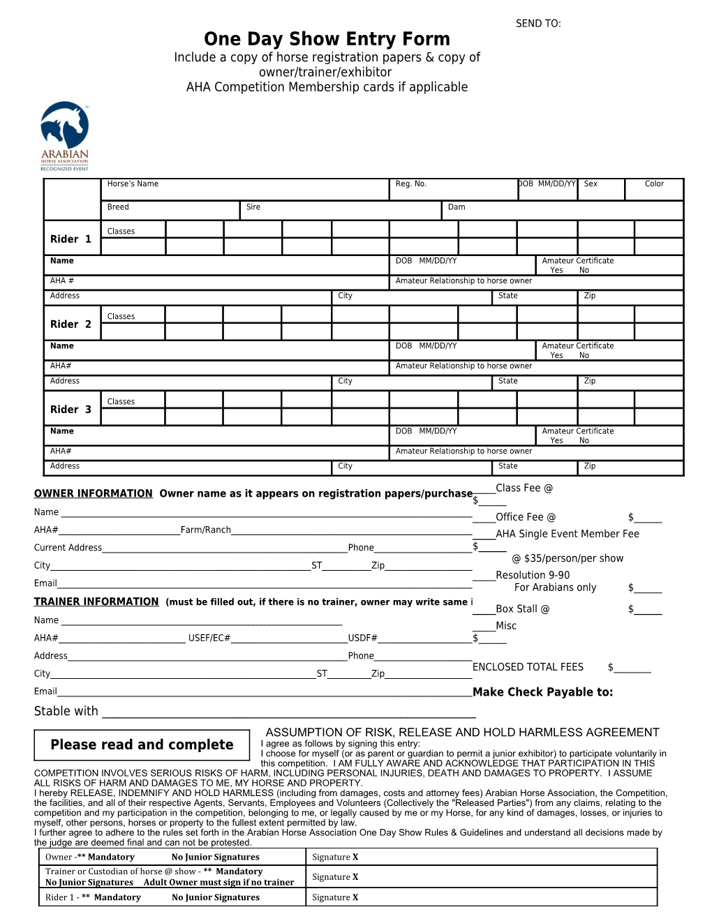 One Day Show Entry Form