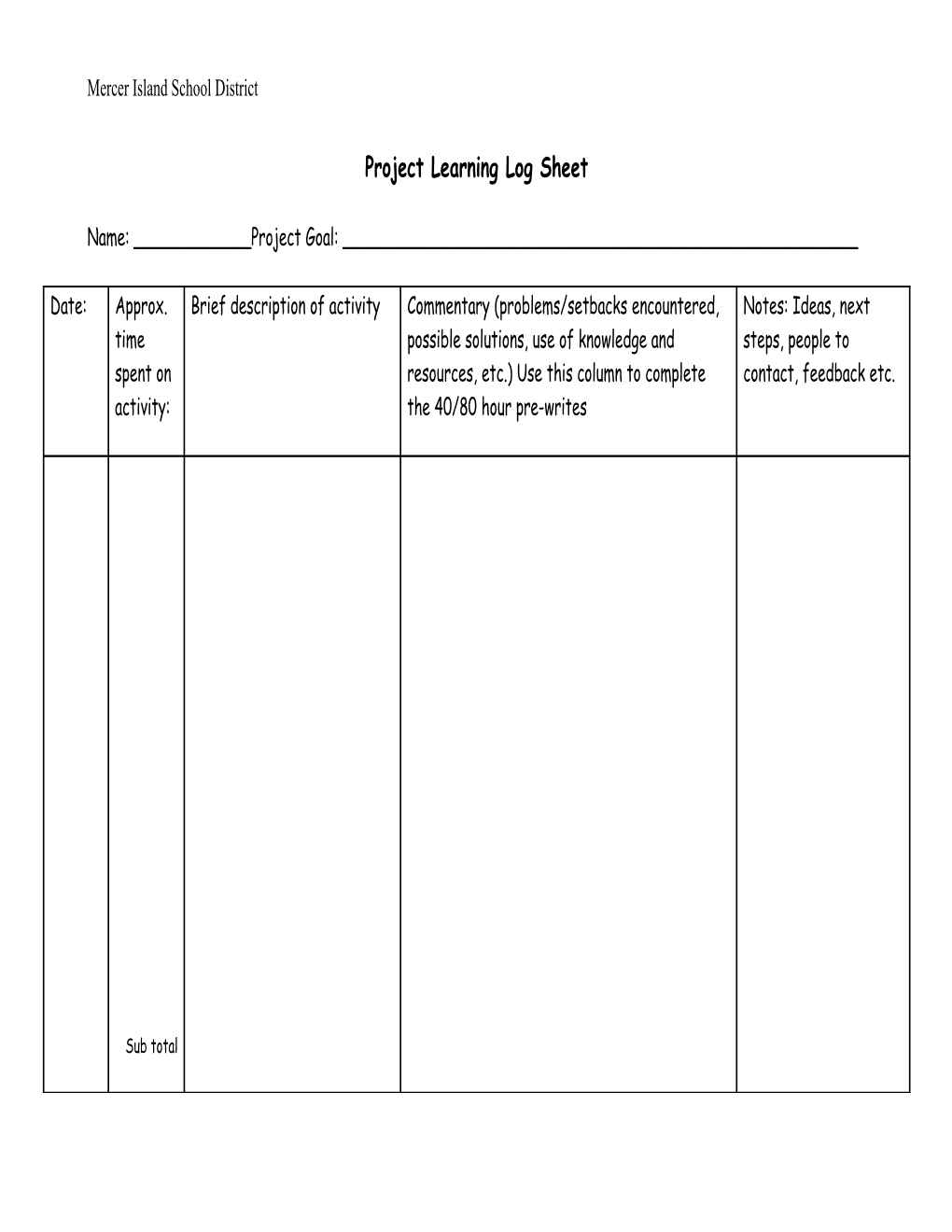 Midpoint Learning Log (40 Hour) Worksheet