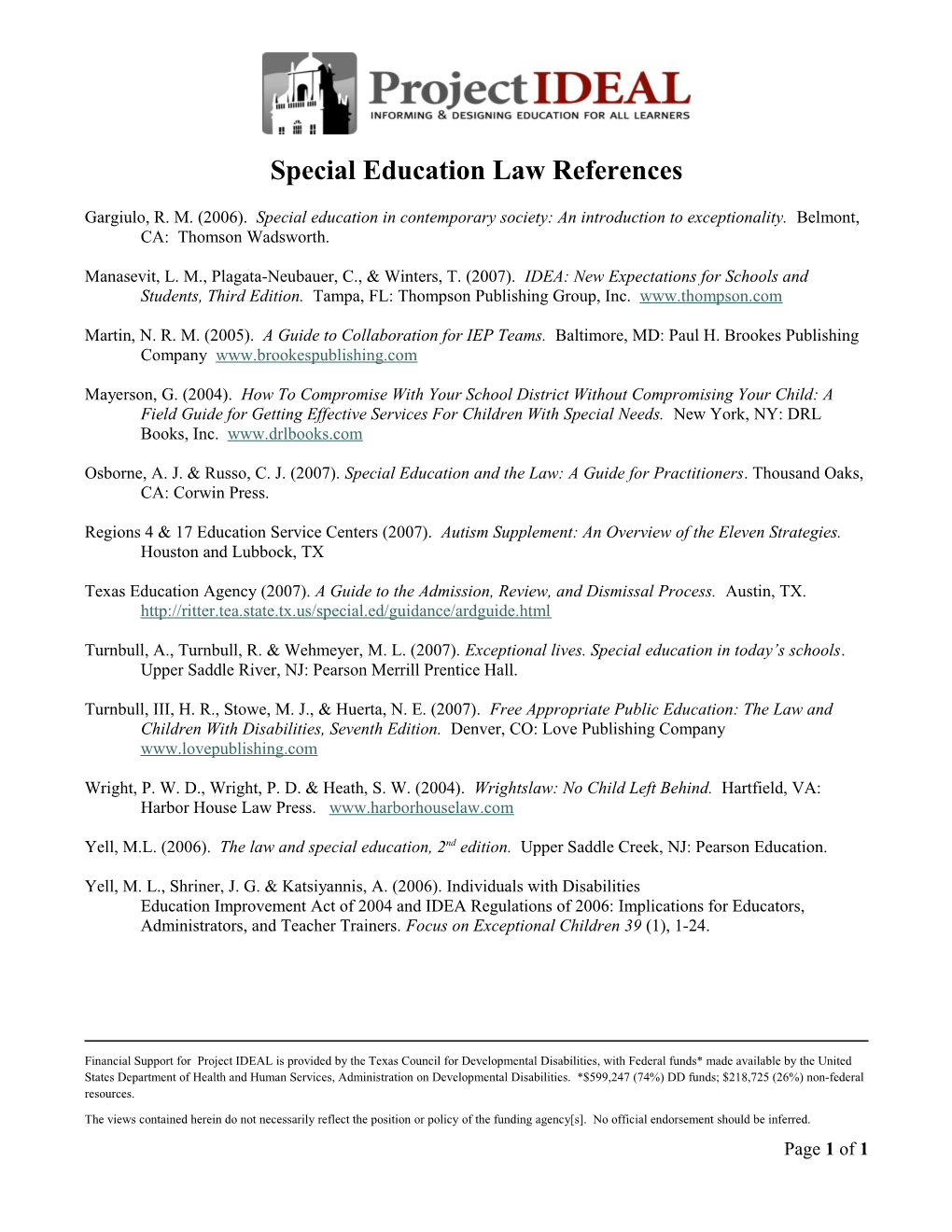 Special Education Law References