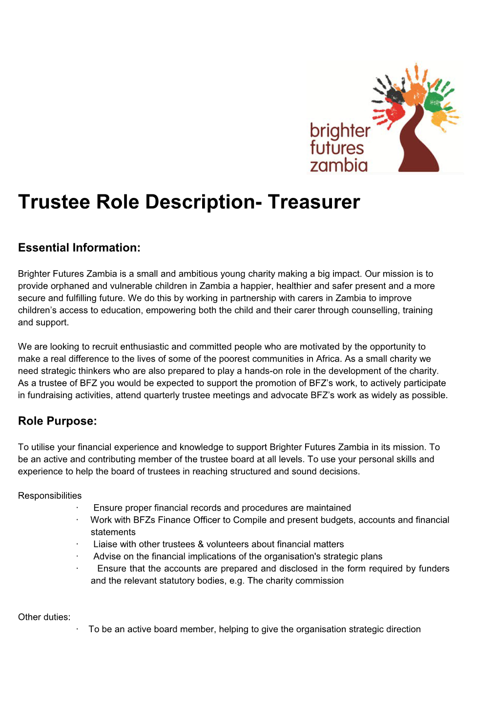 Trustee Role Description- Treasurer