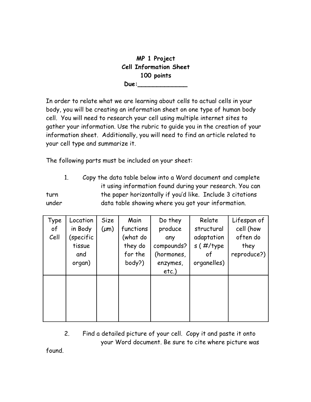 Cell Information Sheet