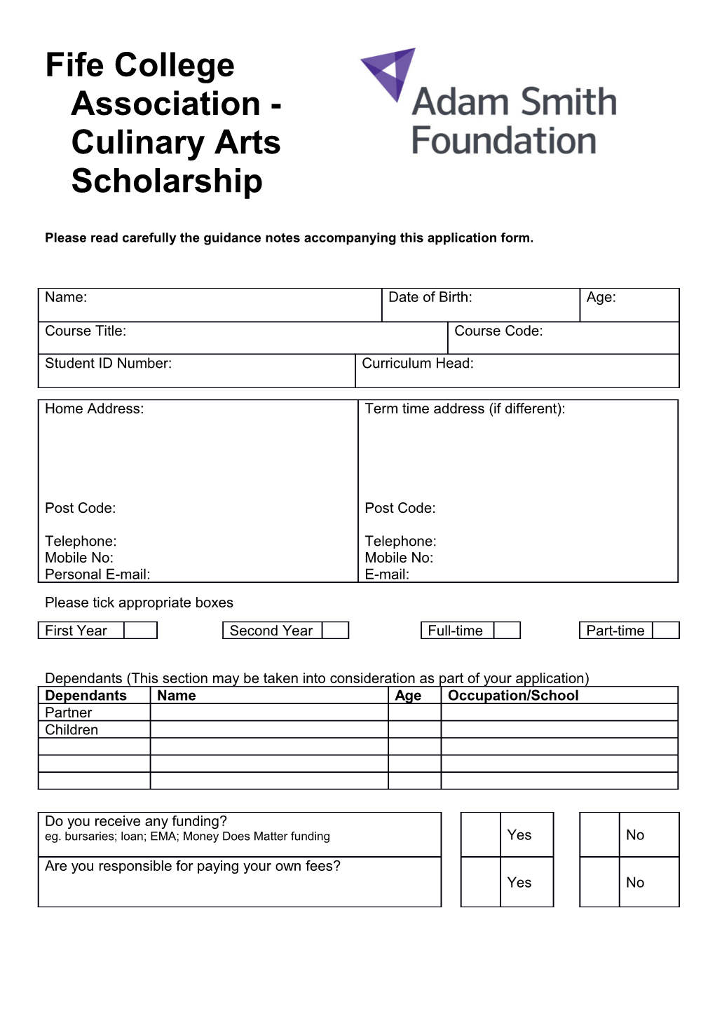Fife College Association Culinary Arts Yr1 Scholarship Application Form 2016