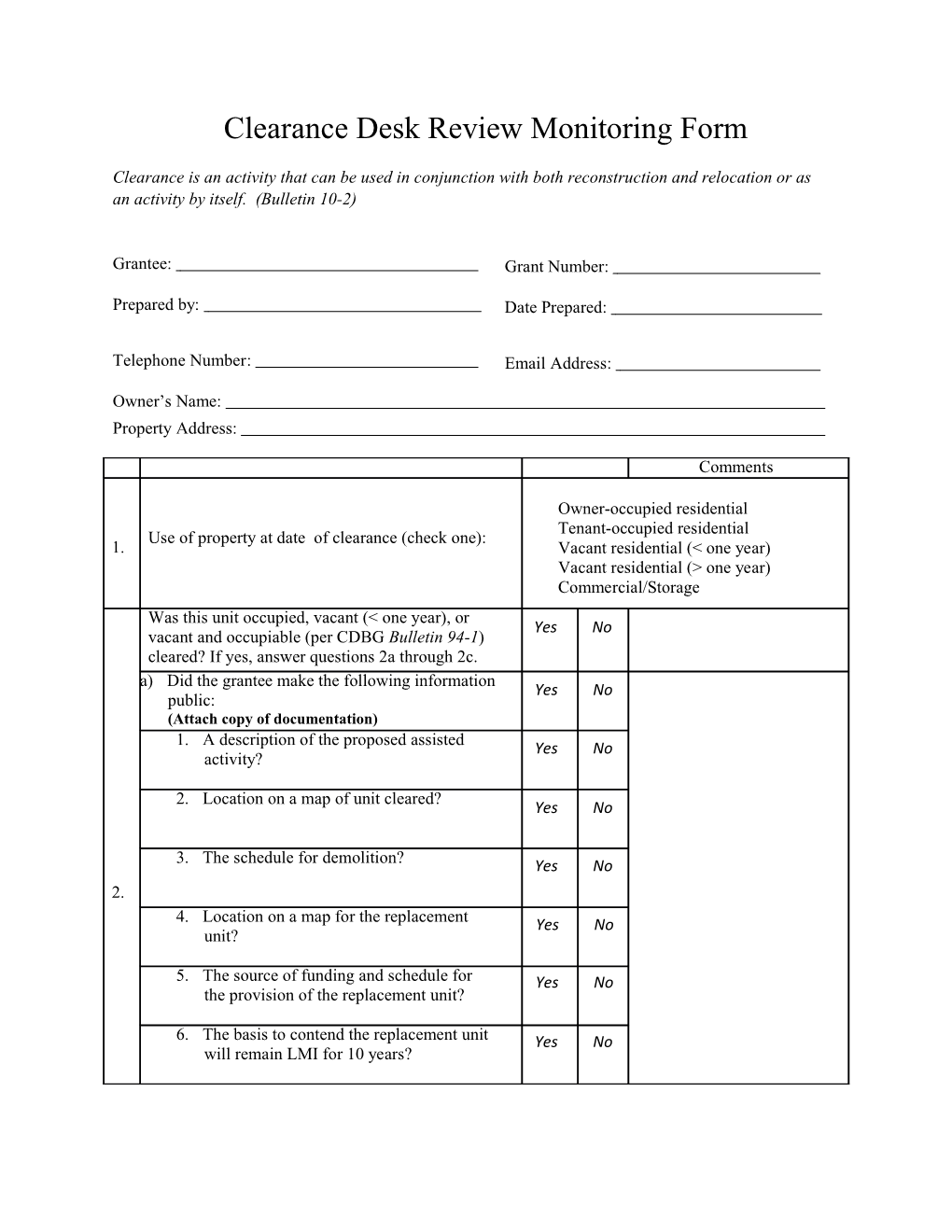 Clearance Desk Review Monitoring Form