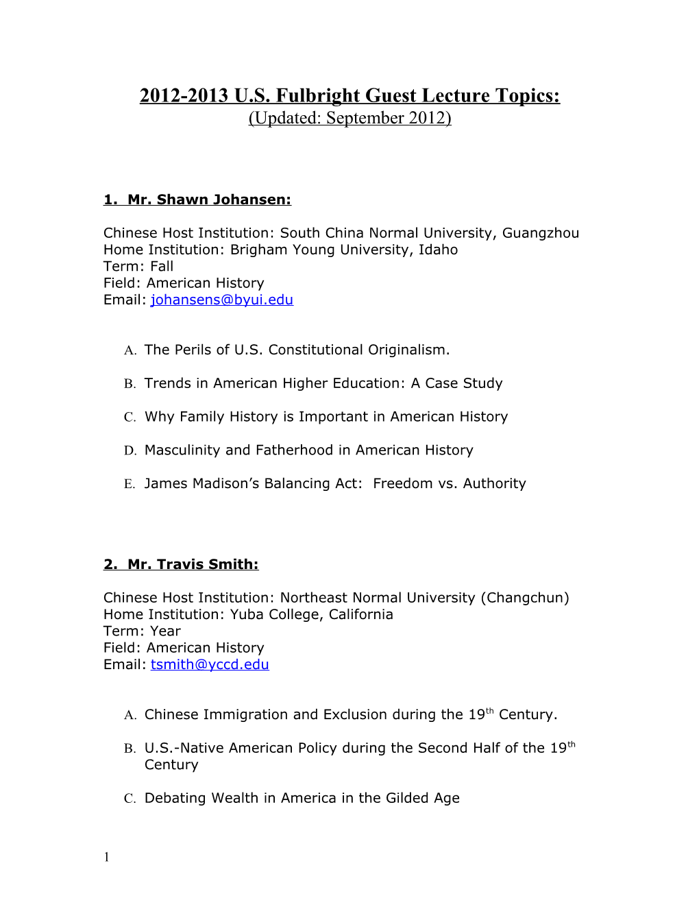 2012-2013 U.S. Fulbright Guest Lecture Topics