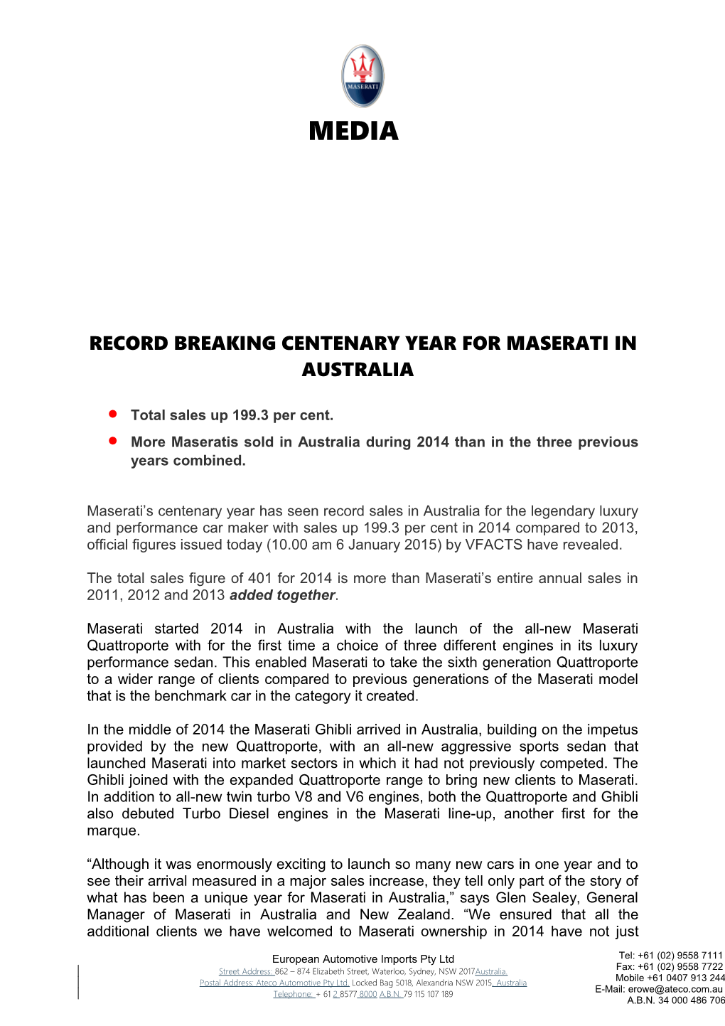 Record Breaking Centenary Year for Maserati in Australia