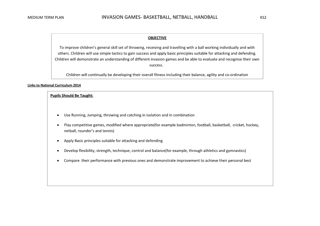 Medium Term Plan Invasion Games- Basketball, Netball, Handball Ks2