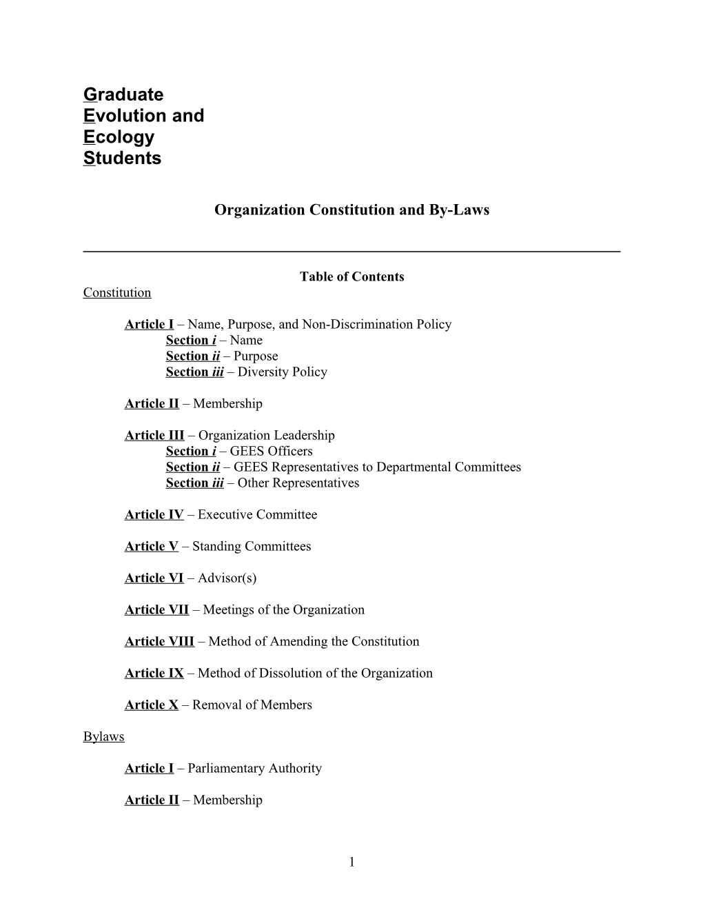 Article I Name, Purpose, and Non-Discrimination Policy