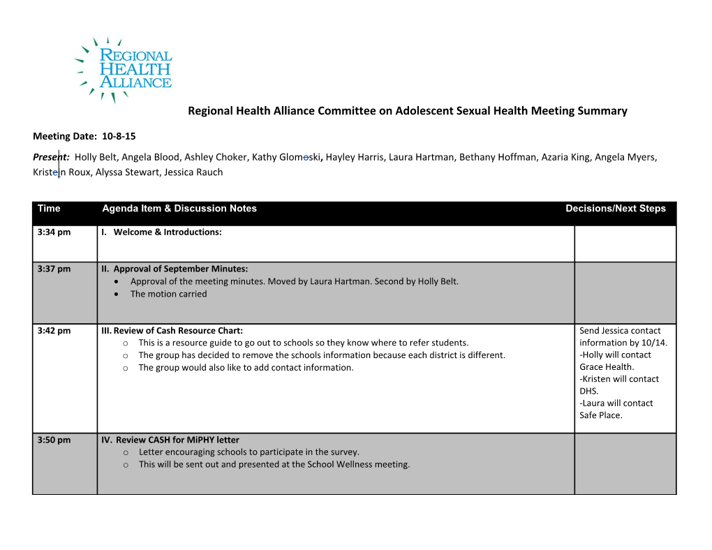 Regional Health Alliance Committee on Adolescent Sexual Health Meeting Summary