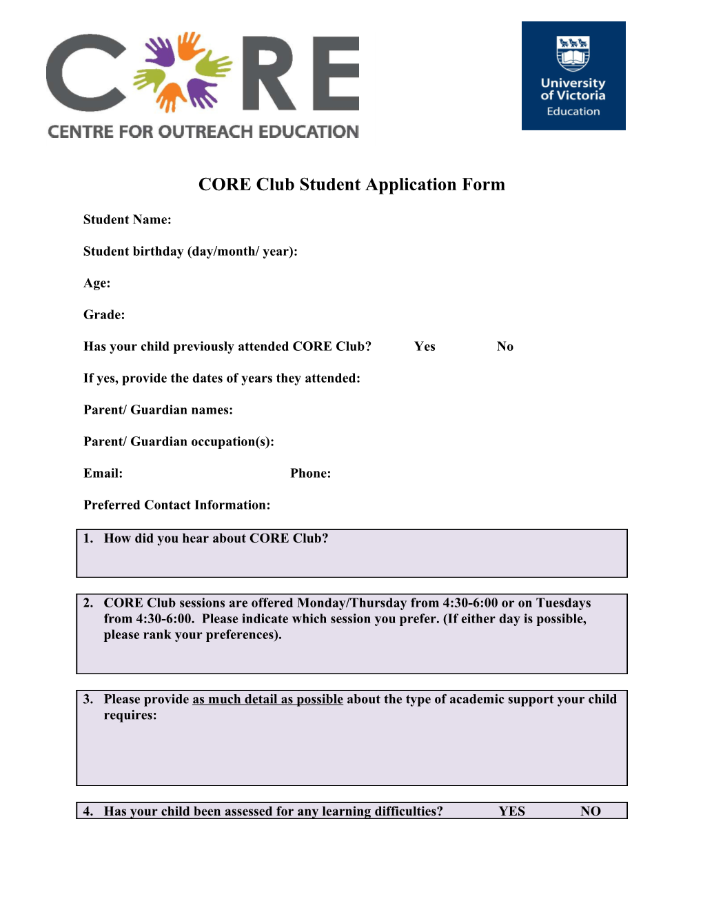 CORE Club Student Application Form