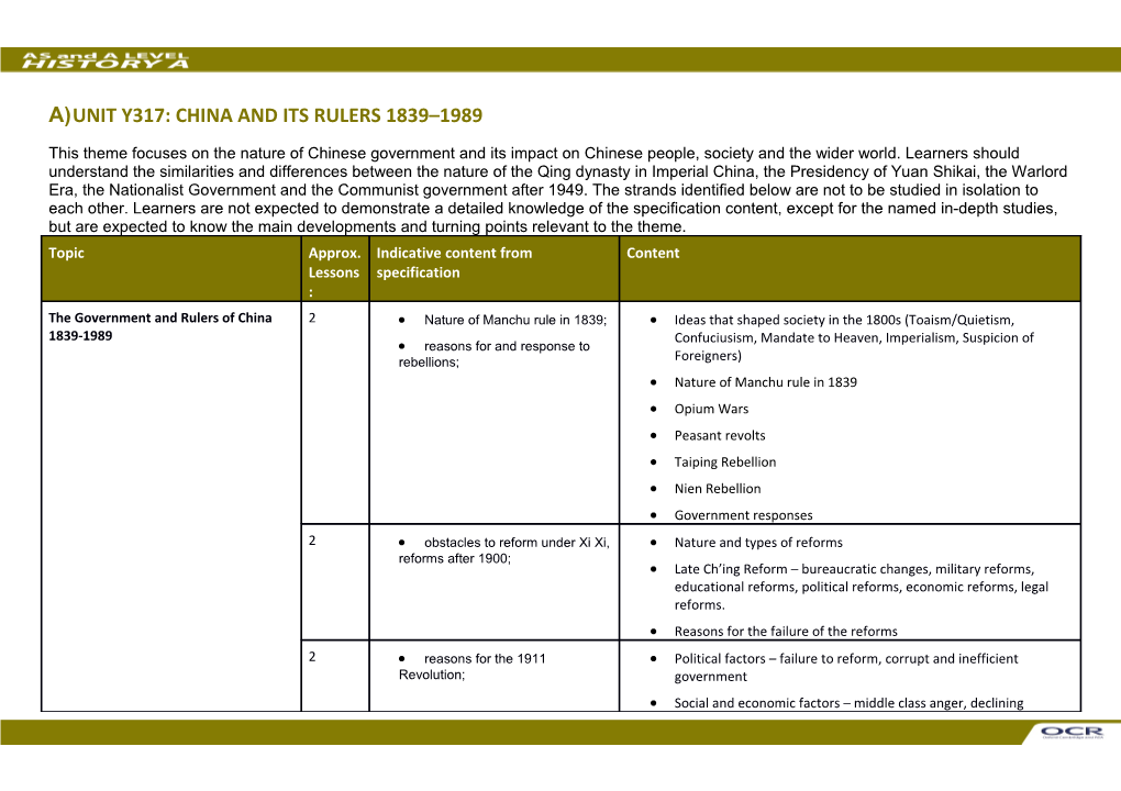 OCR a an AS History Unit Y104 Scheme of Work s2