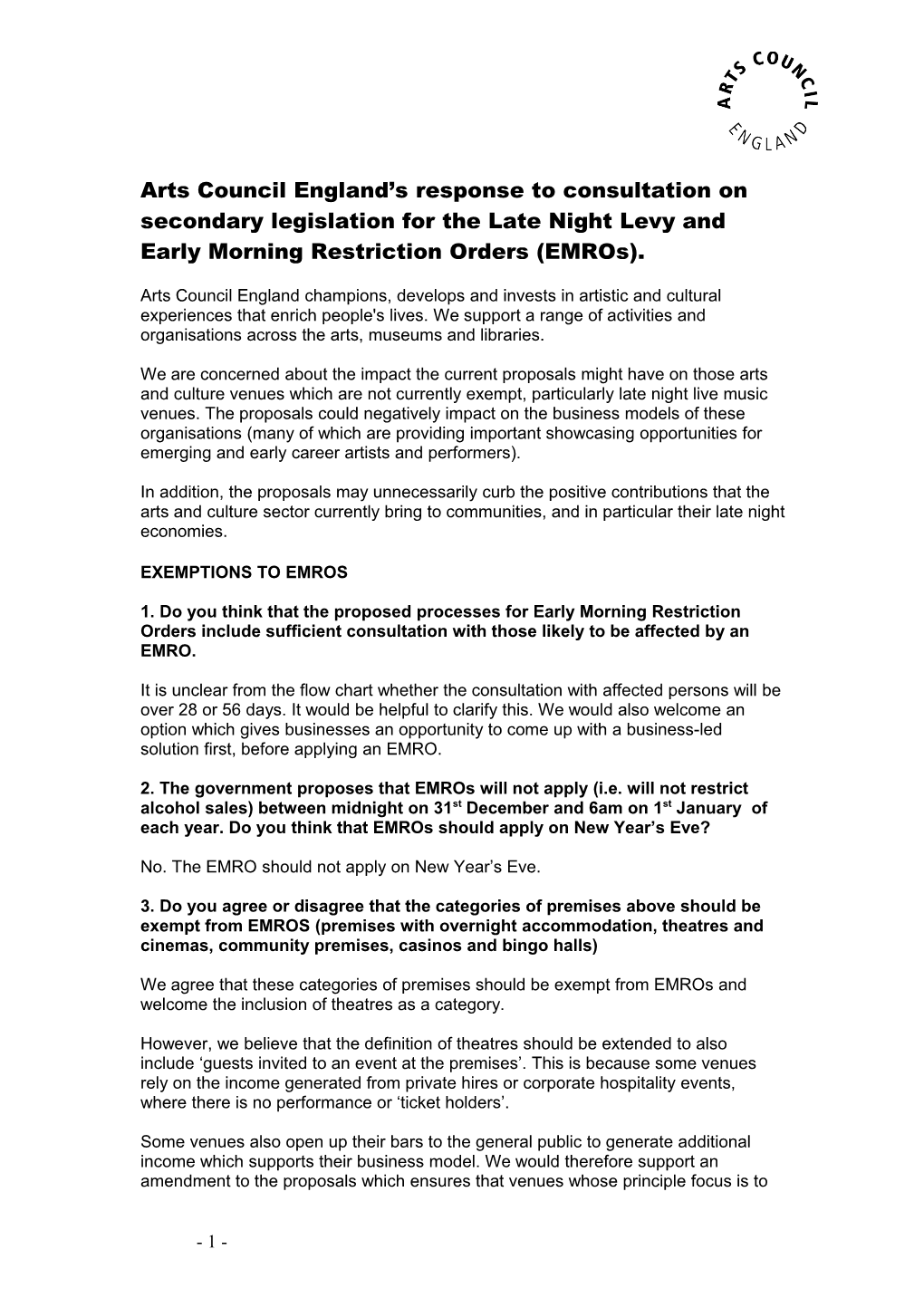 EMROS and LATE NIGHT LEVY CONSULTATION