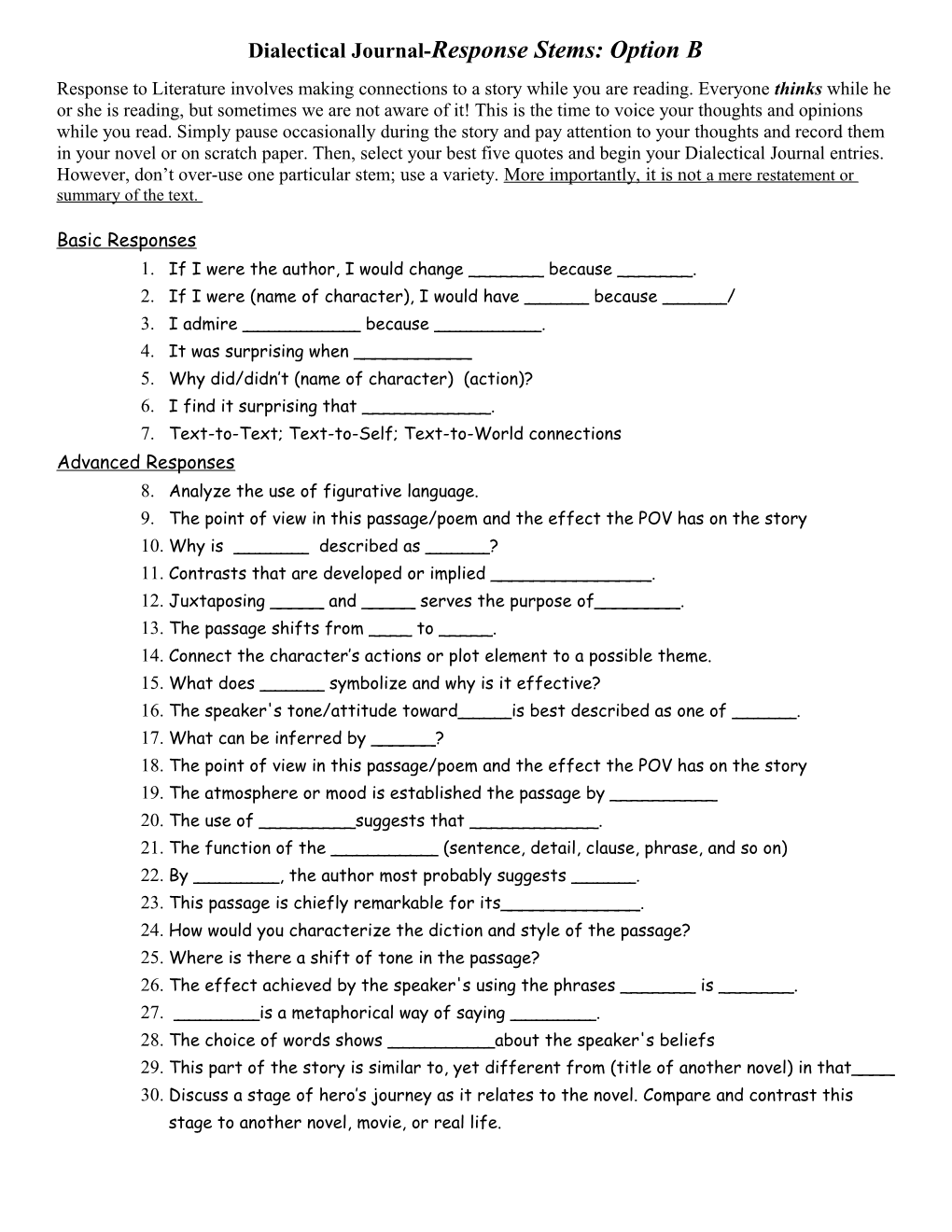 Dialectical Journal- Response Stems:Option B