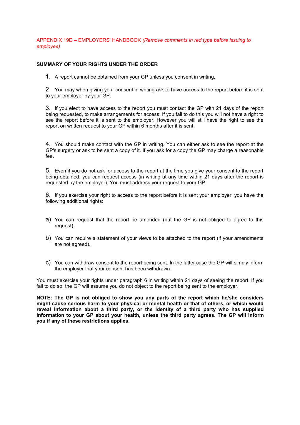 APPENDIX 19D EMPLOYERS HANDBOOK (Remove Comments in Red Type Before Issuing to Employee)