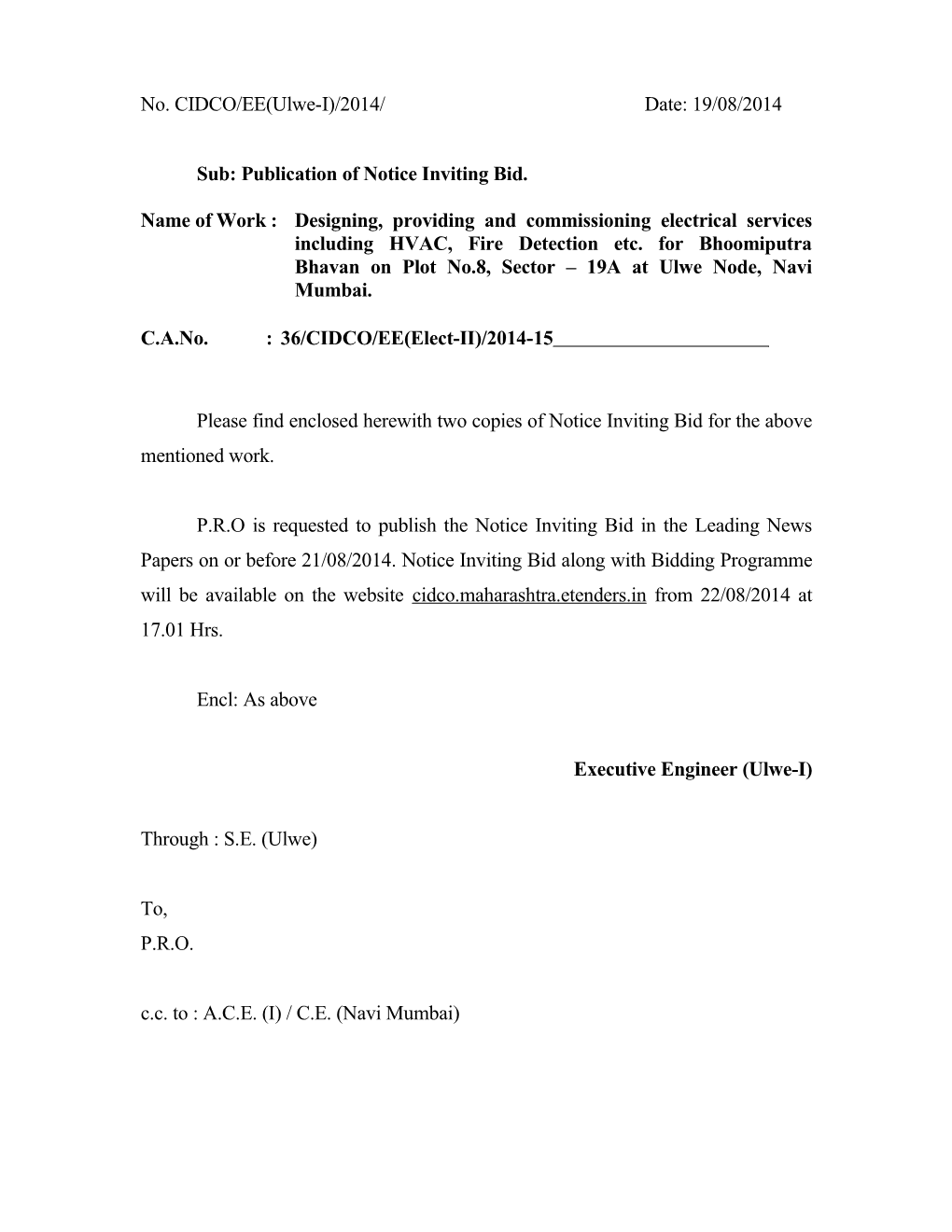 Sub: Publication of Notice Inviting Bid