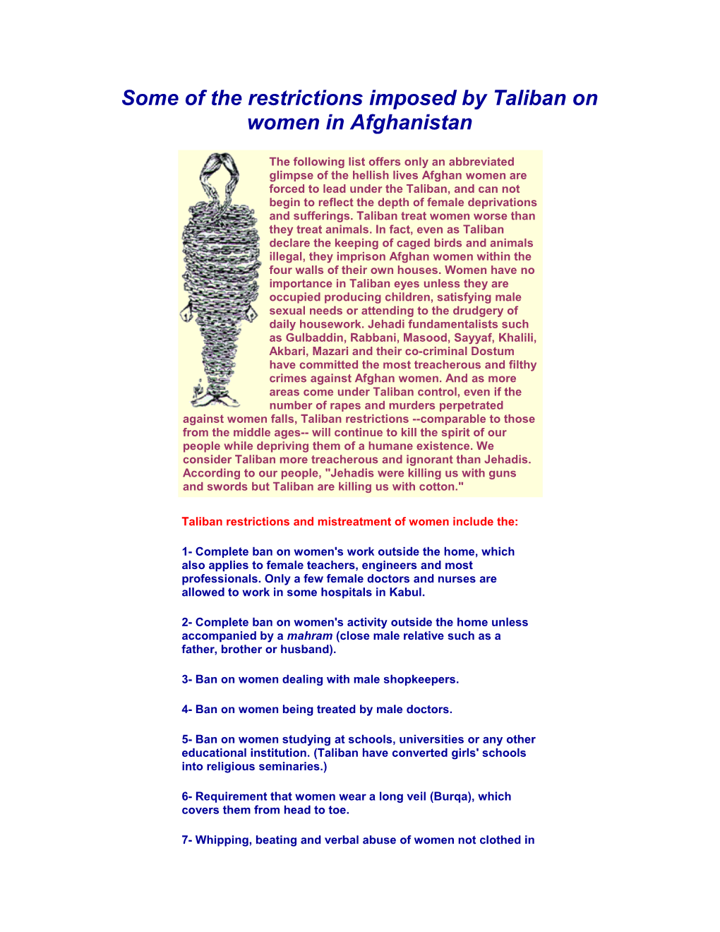 Some of the Restrictions Imposed by Taliban on Women in Afghanistan