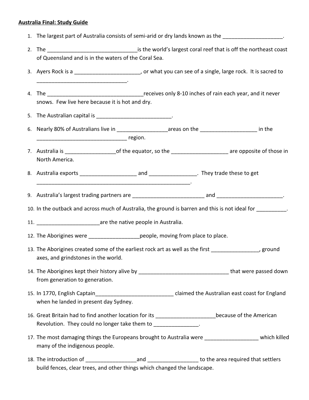 Australia Final: Study Guide