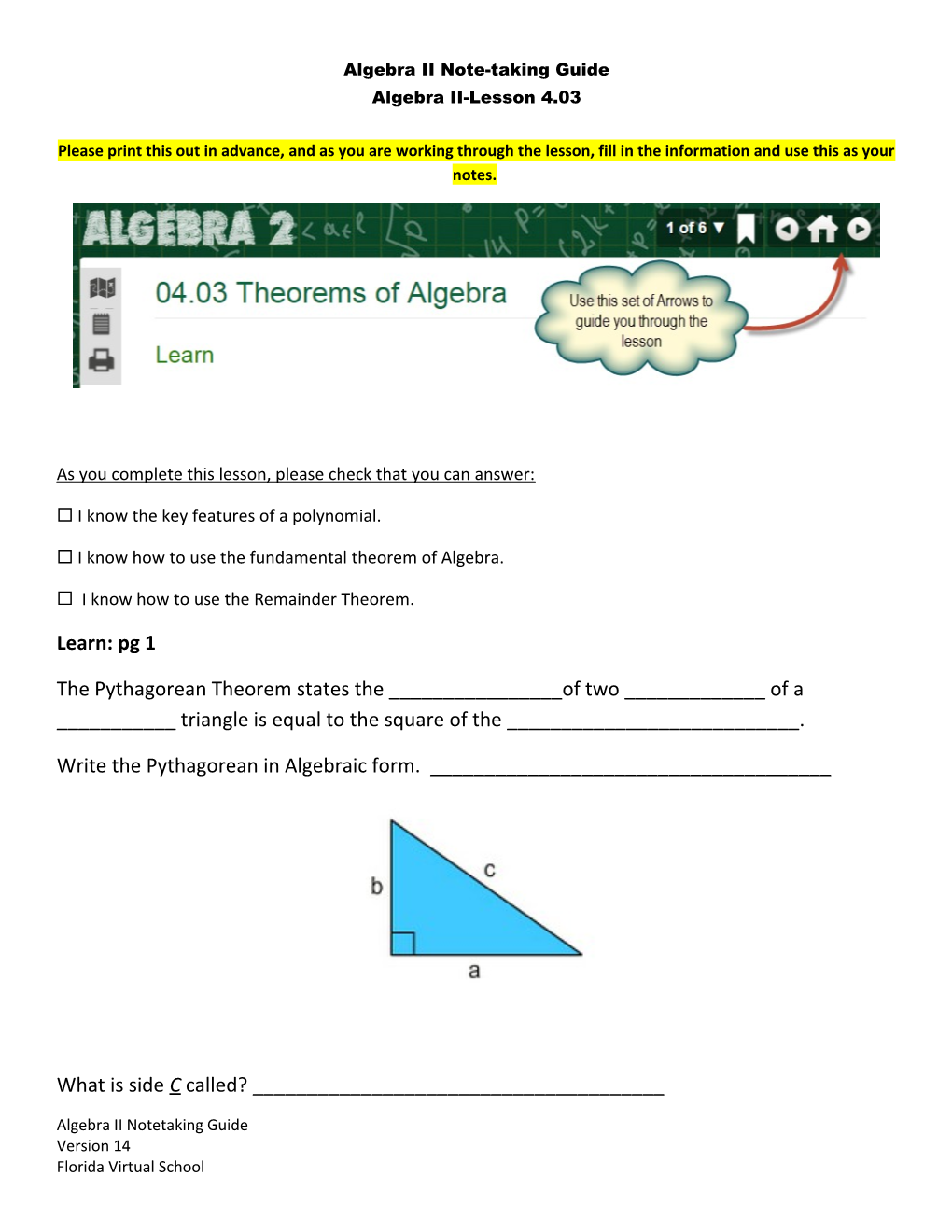 Algebra II Note-Taking Guide