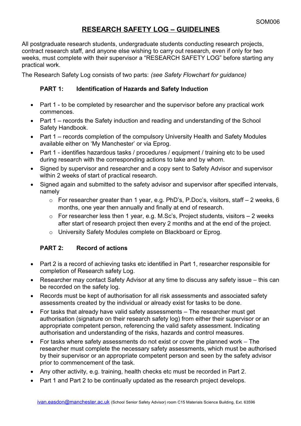 Research Safety Log Guidelines