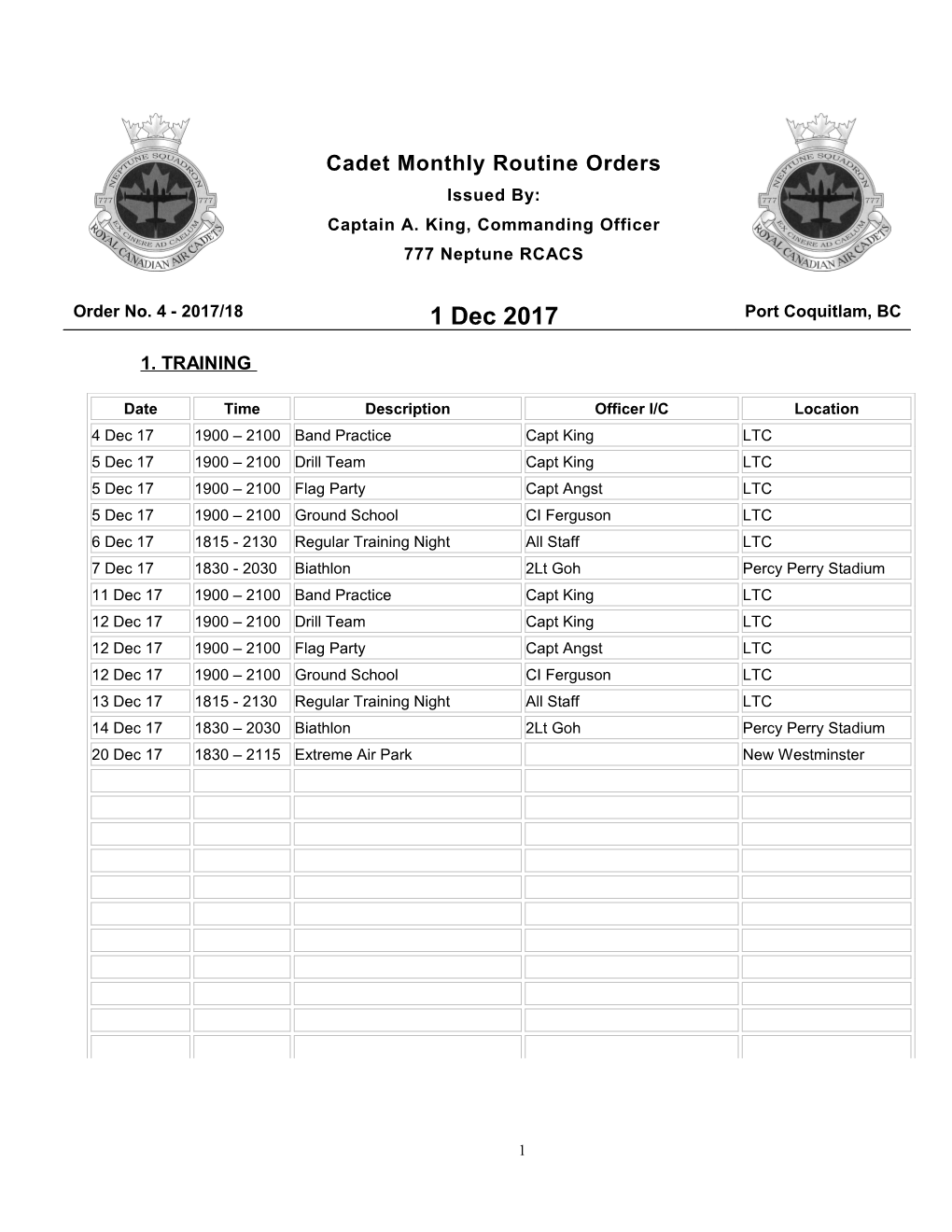 Cadet Monthly Routine Ordersissued By:Captain A. King, Commanding Officer777 Neptune RCACS s1
