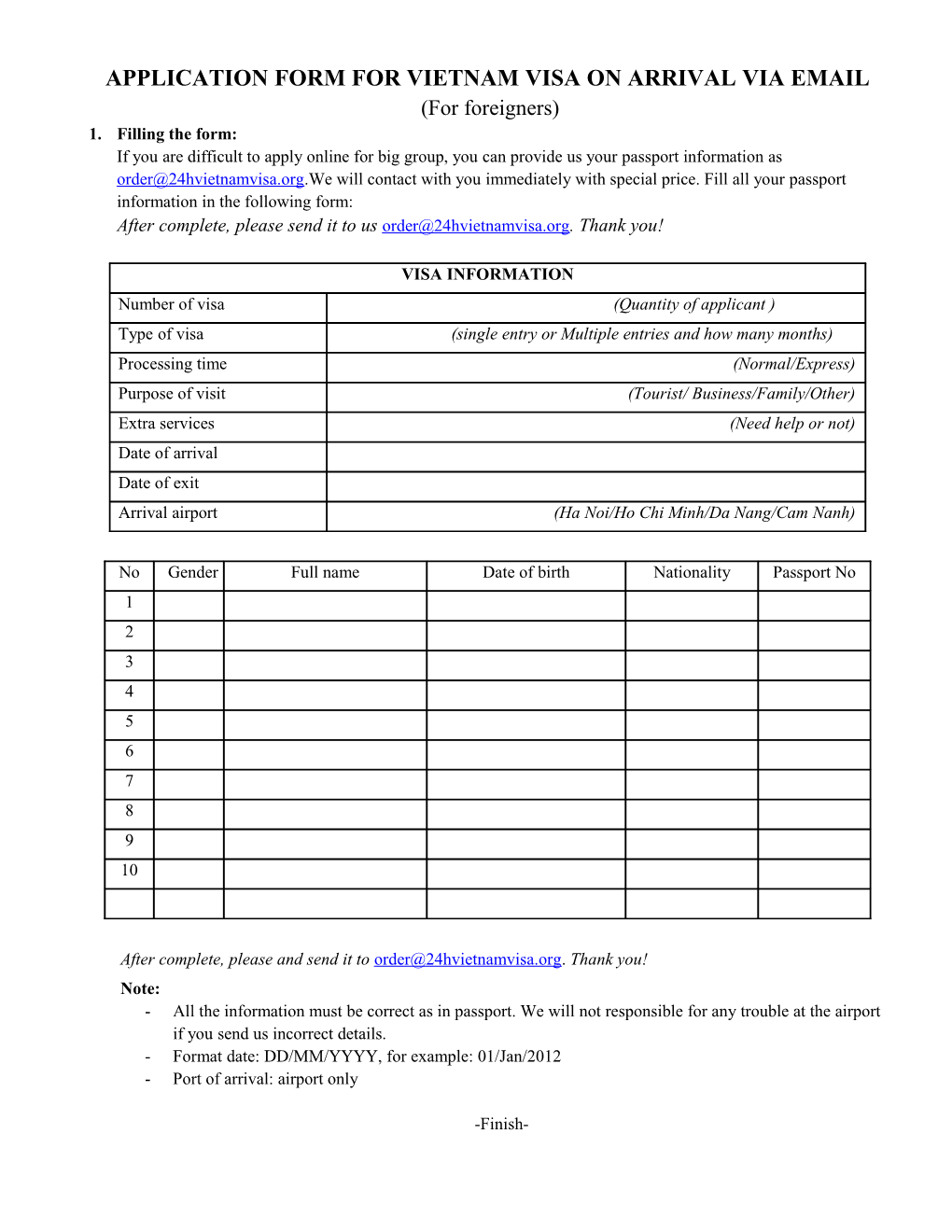 Application Form For Vietnam Visa On Arrival Via Email