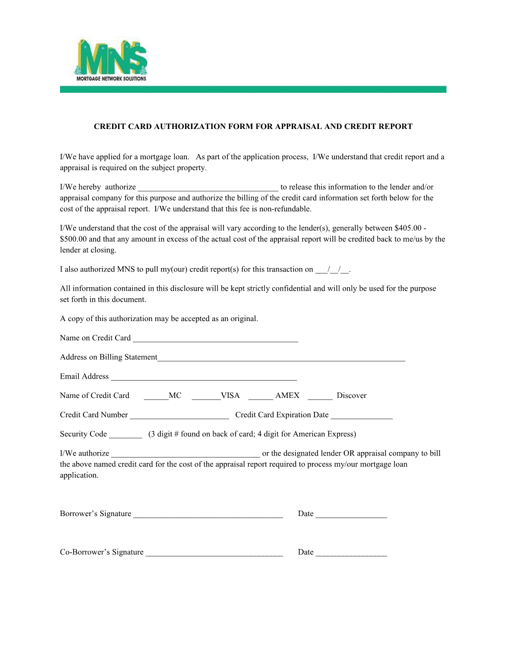 Credit Card Authorization Form for Appraisal and Credit Report
