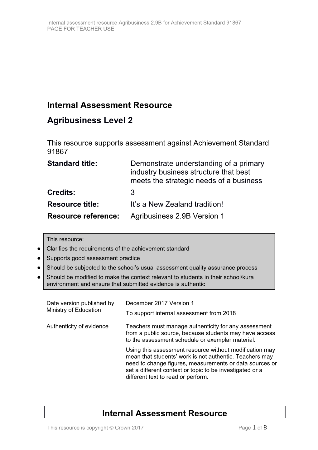 Internal Assessment Resource Agribusiness Level 2