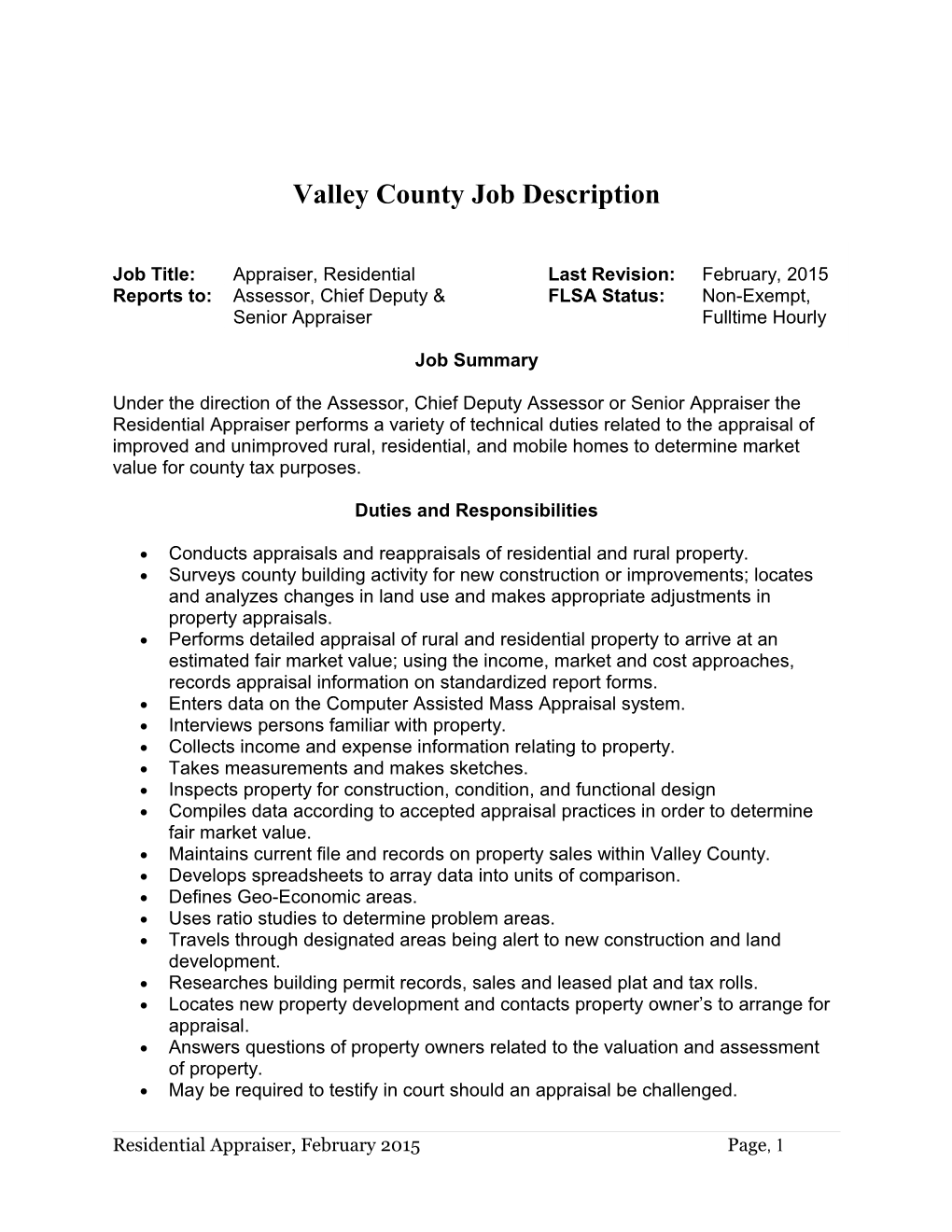 Valley County Job Description