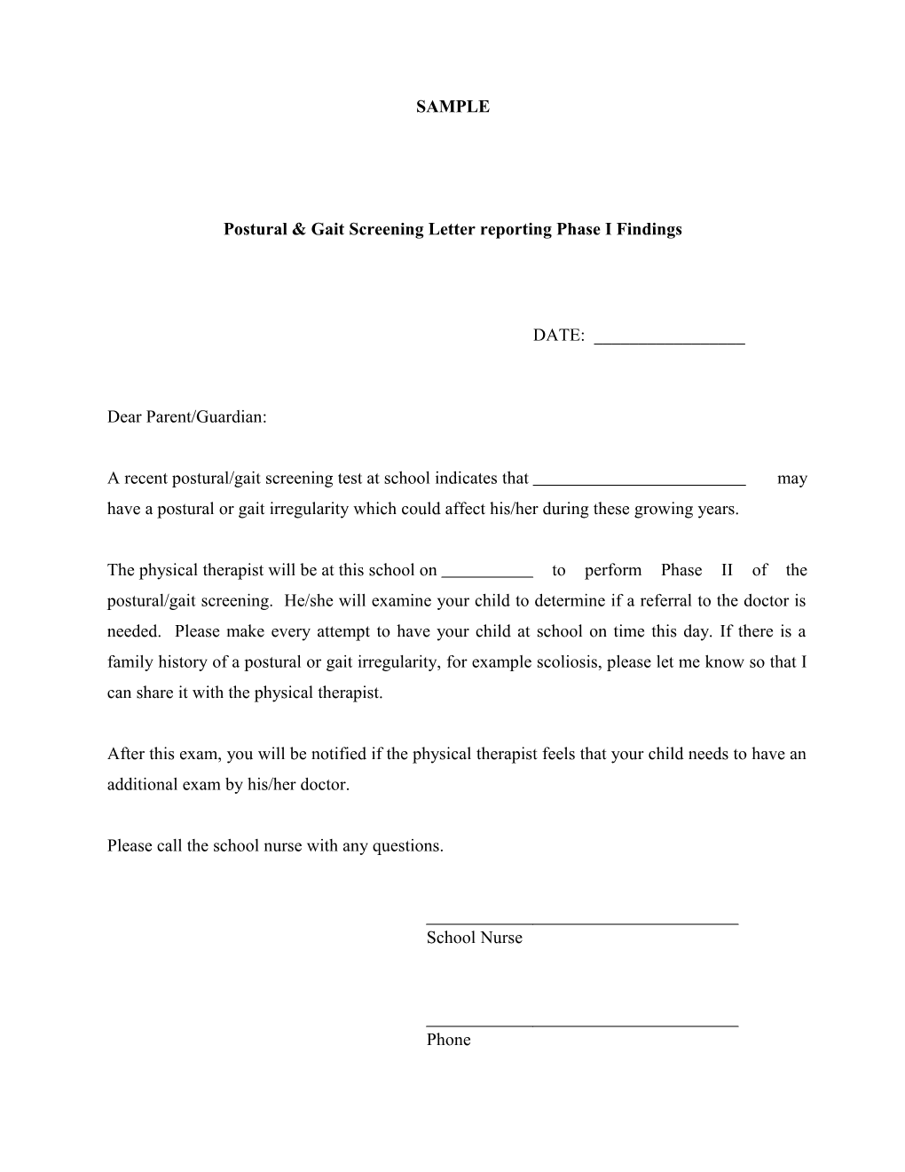 Postural & Gait Screening Letter Reporting Phase I Findings
