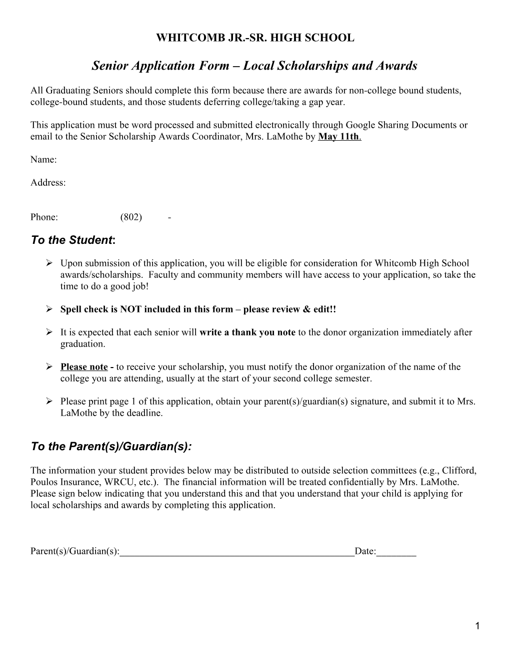 Senior Application Form Local Scholarships and Awards