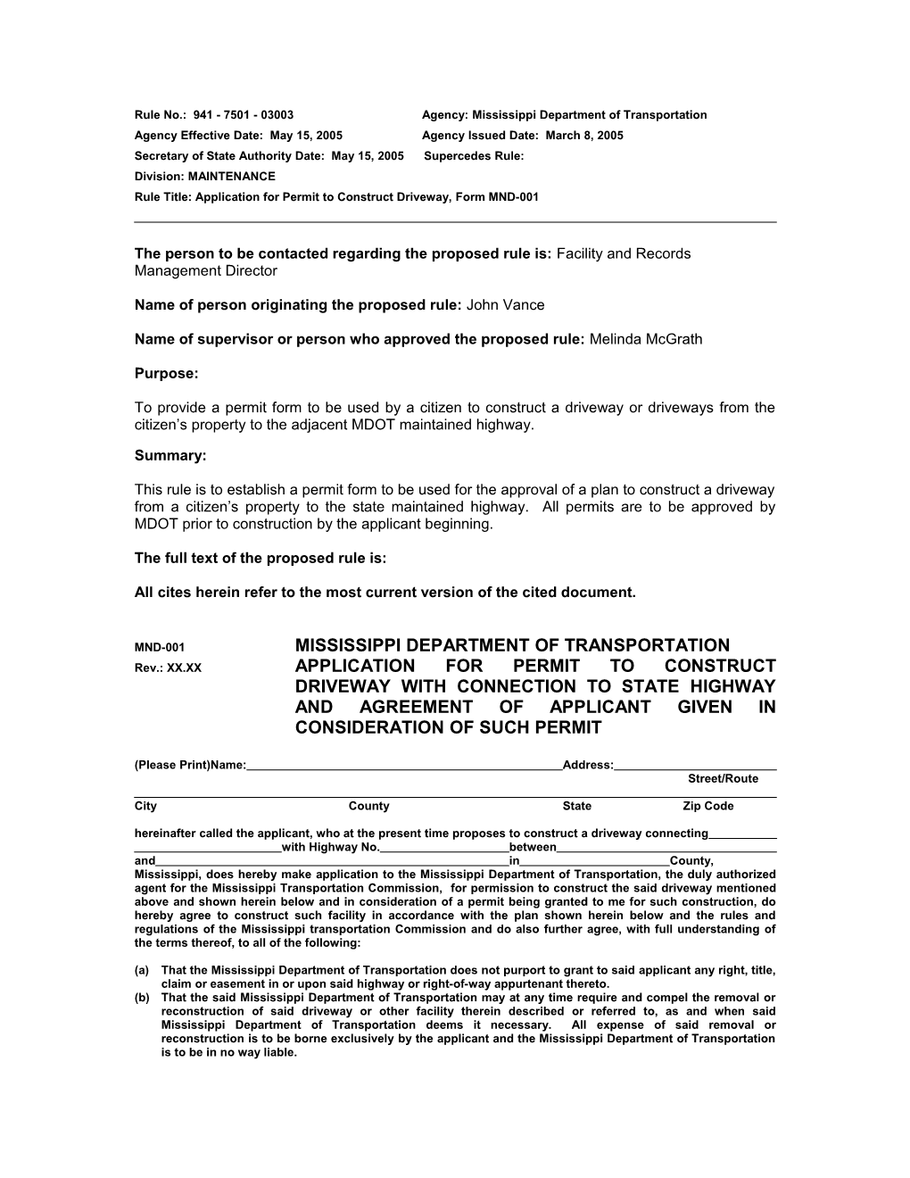 Application for Permit to Construct Driveway, Form MND-001